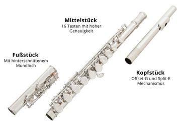 Classic Cantabile Querflöte FL-100 Querflöte komplett aus vernickeltem Neusilber, Geschlossene Klappen, leichtgängige E-Mechanik