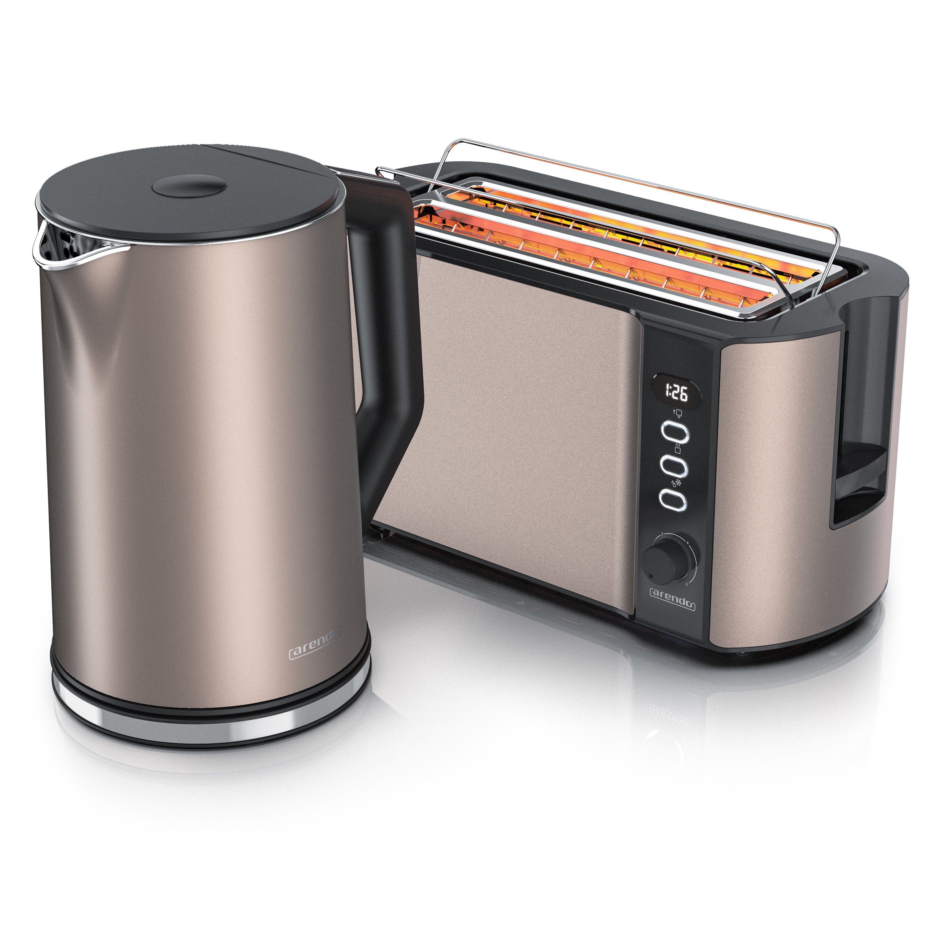 Arendo Frühstücks-Set Edelstahl Wasserkocher 1,5l, 4-Scheiben Langschlitz Toaster, Beige (2-tlg), BPA-frei, GS-geprüfte Sicherheit, perfekt fürs Familienfrühstück