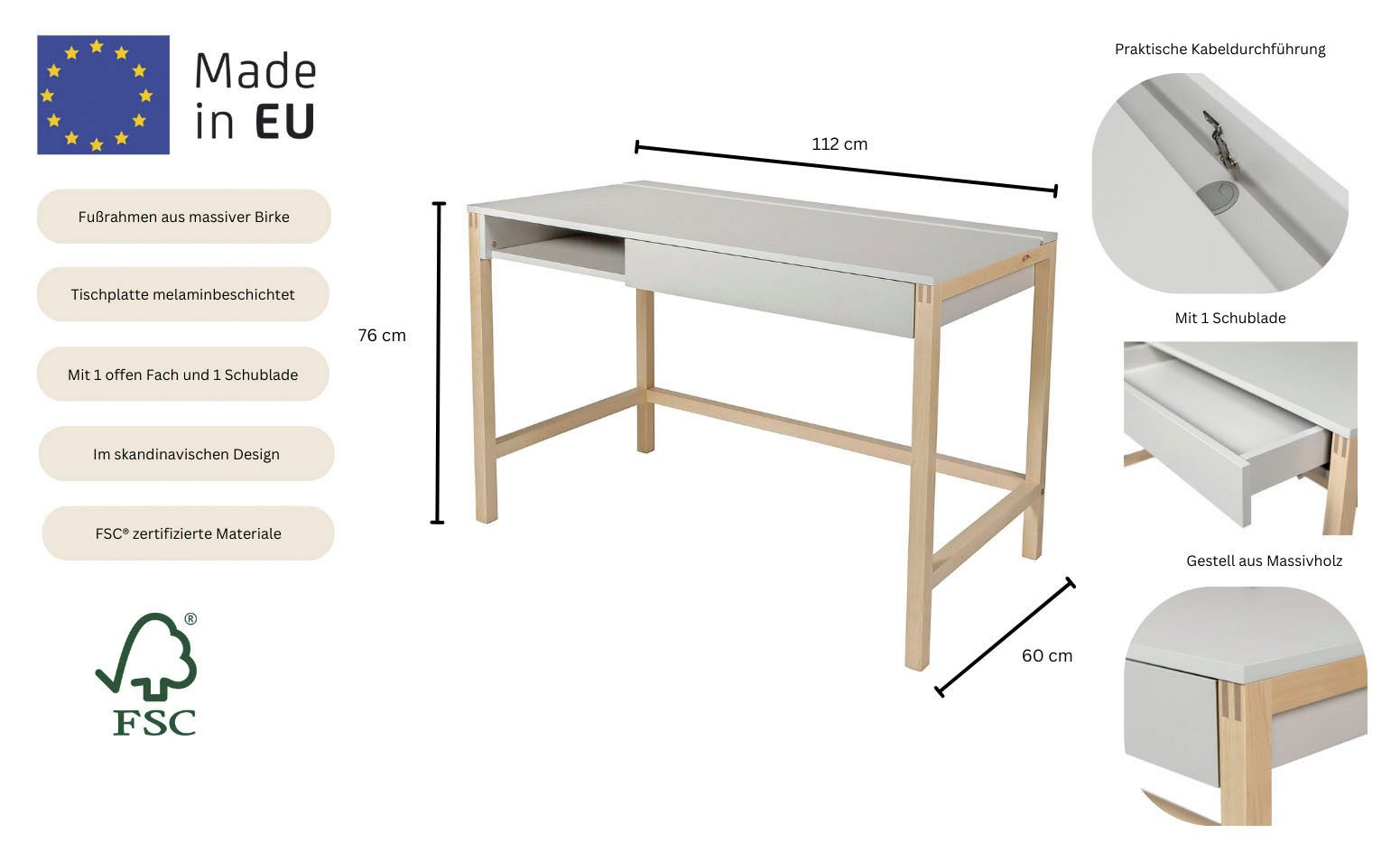 Woodman Schreibtisch Northgate, im skandinavian Design, Breite 112 cm, FSC®-zertifiziert