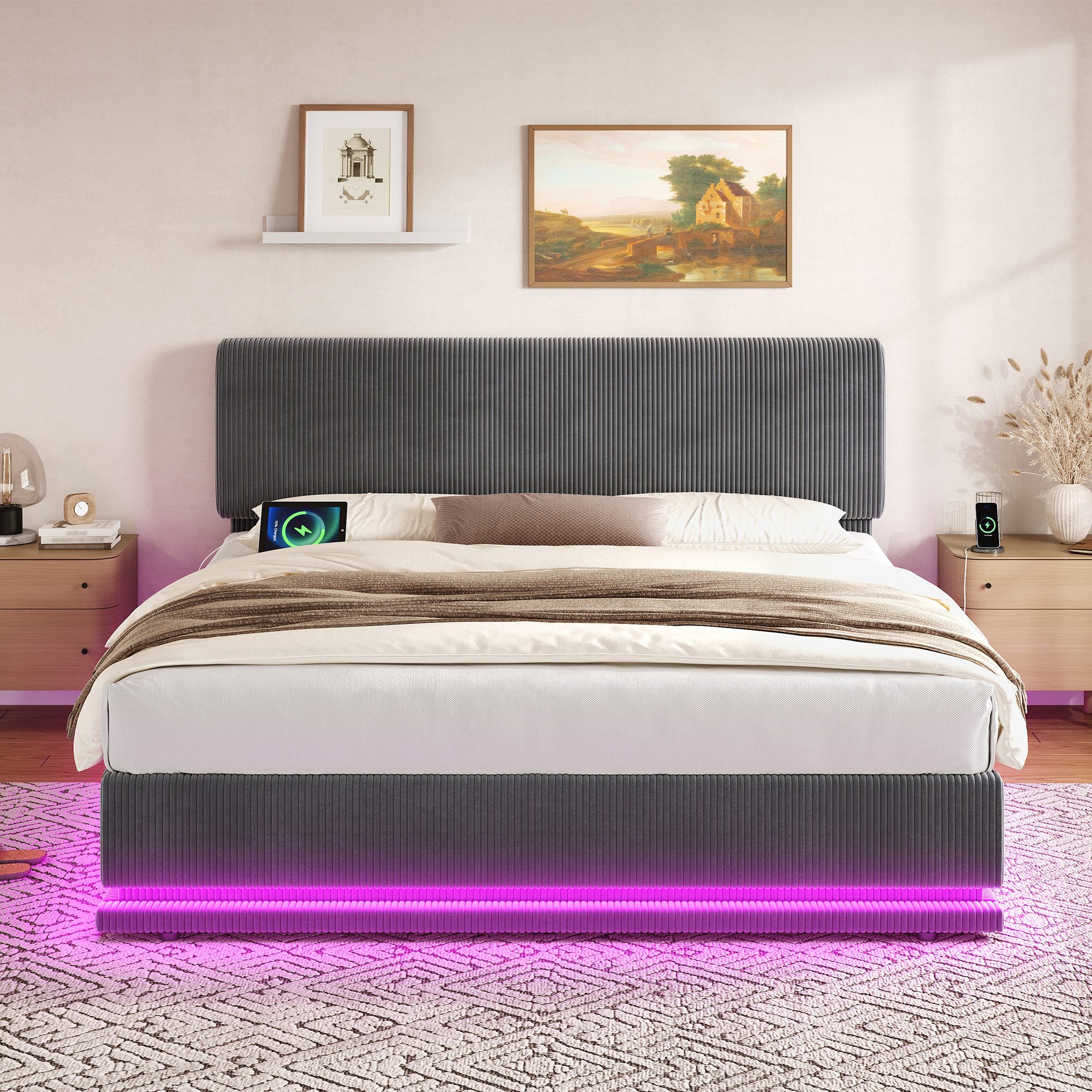 TavilaEcon Boxspringbett Moderne Polsterbetten mit LED-Beleuchtung und USB-C-Ladefunktion (1-St), mit höhenverstellbarem Kopfteil, Cord-Stoff, stabilem Lattenro – Bild 2 von 5