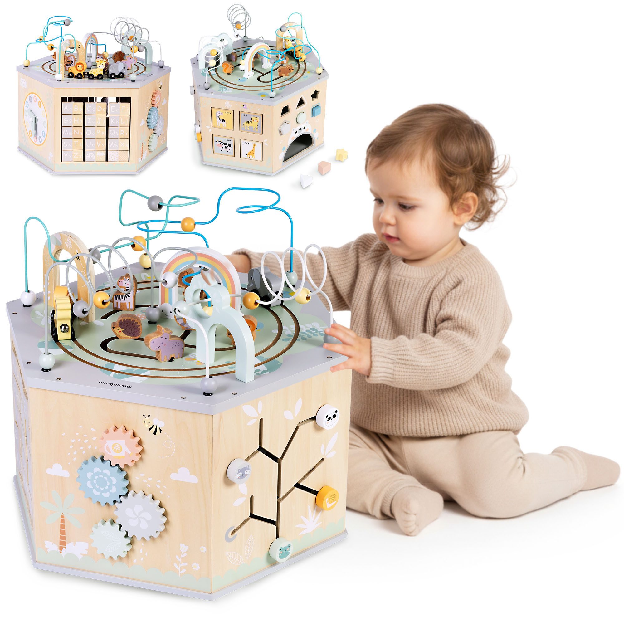 Mamabrum Lernspielzeug Motorikwürfel 10-in-1 Montessori mit Magnetbahn & Motorikschleifen