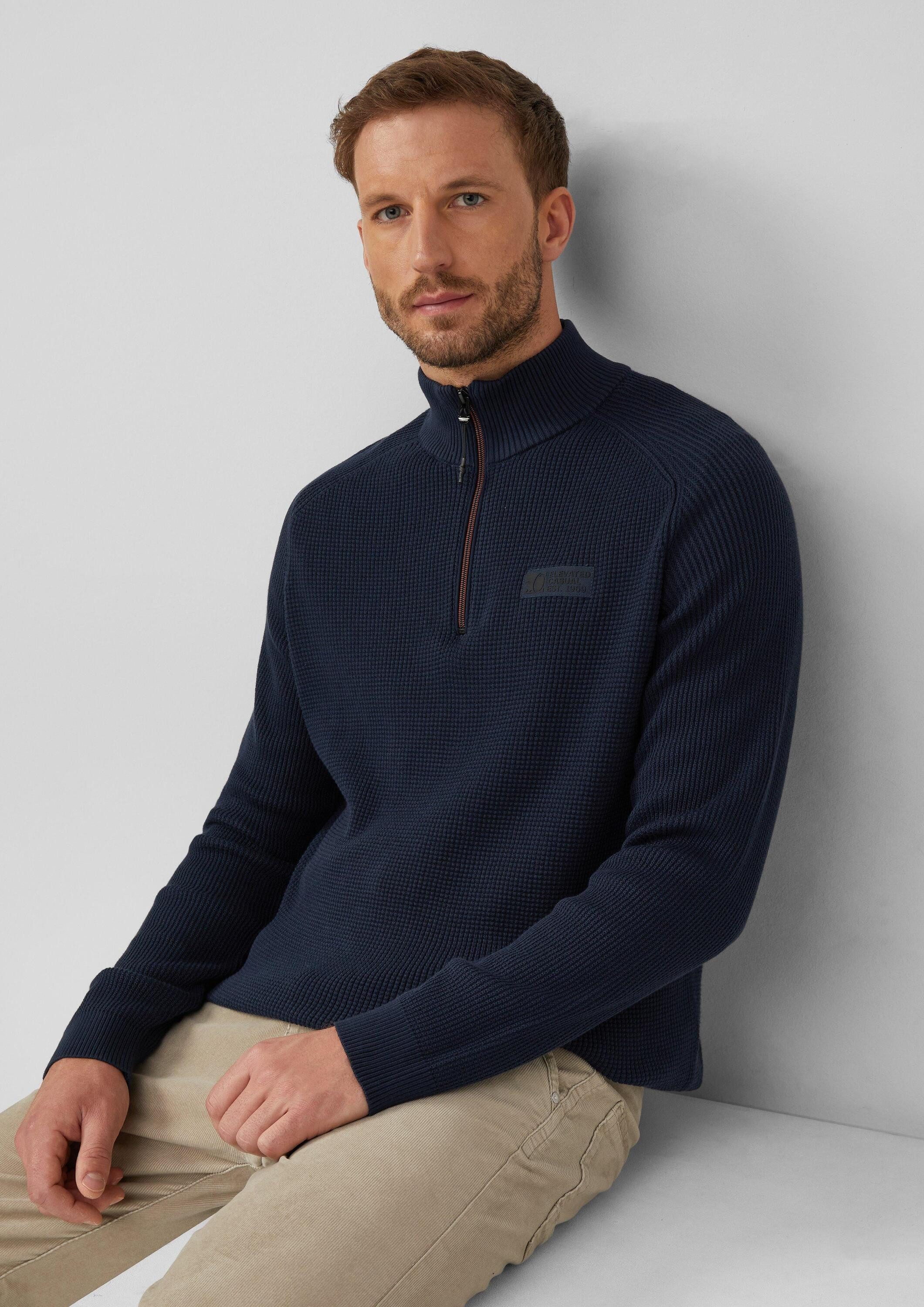 s.Oliver Longpullover Strickpullover Pullover aus Strukturstrick mit Troyer-Kragen