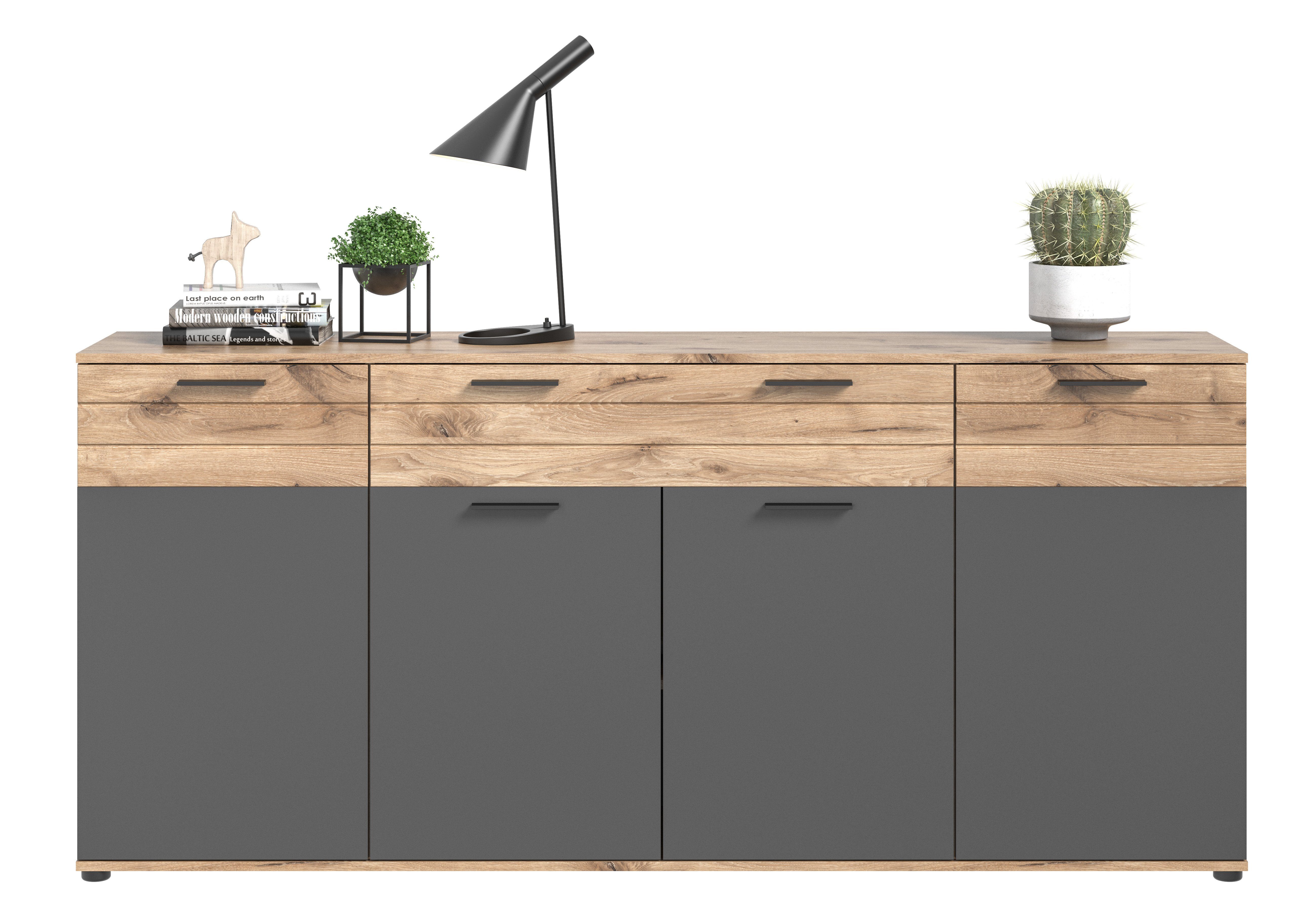 furnling Sideboard Moskau, Breite 200 cm, Höhe 91 cm, Tiefe 40 cm, Eiche, Grau, Soft-Close