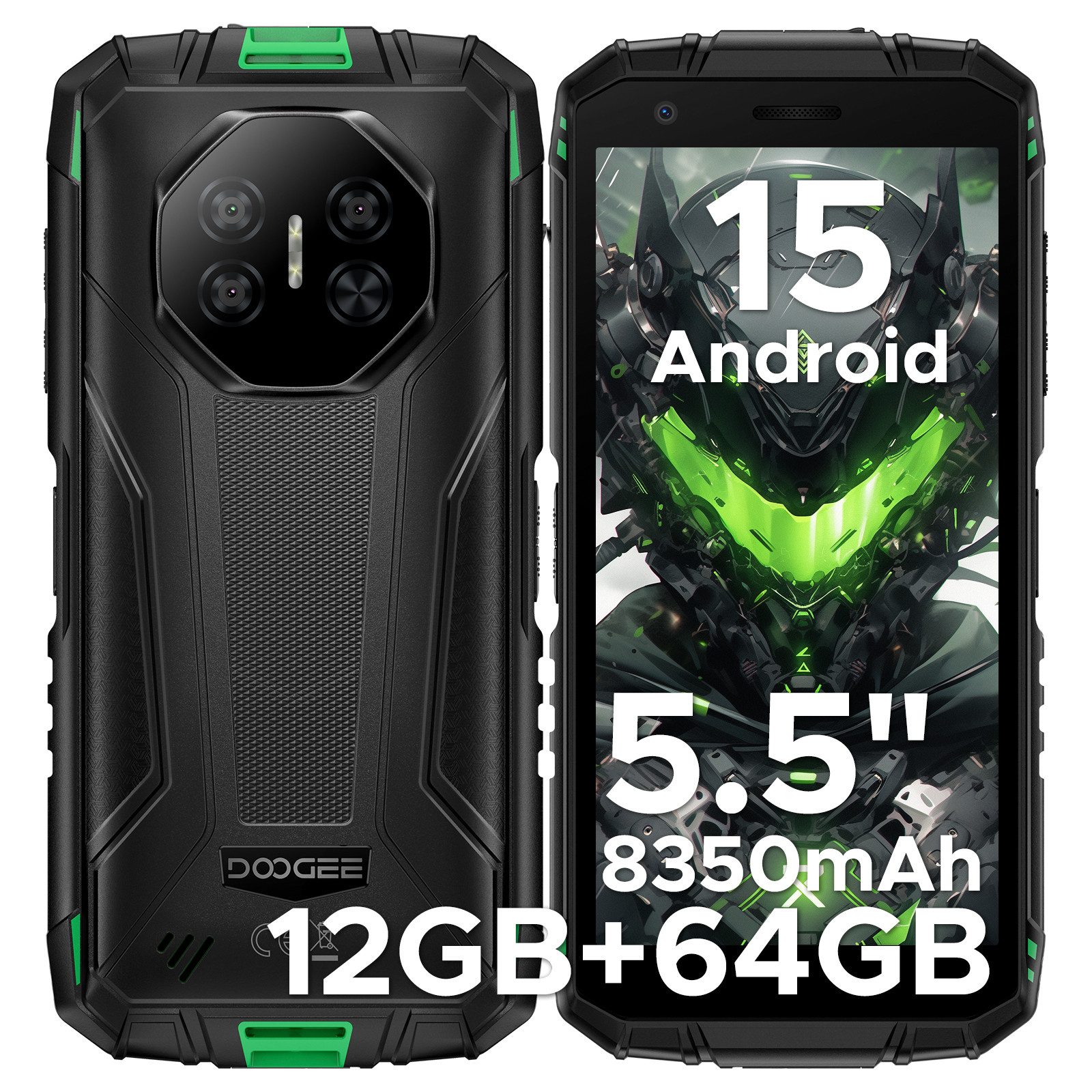 DOOGEE Fire 3 Outdoor Smartphone, 8350mAh, 3GB+64GB, Android 15 Ohne Vertrag Smartphone (5.5 Zoll, 64 GB Speicherplatz, 13 MP Kamera, 5.5" IP68 Baustellenhandy, 13MP Kamera, NFC, Face ID, Octa Core)
