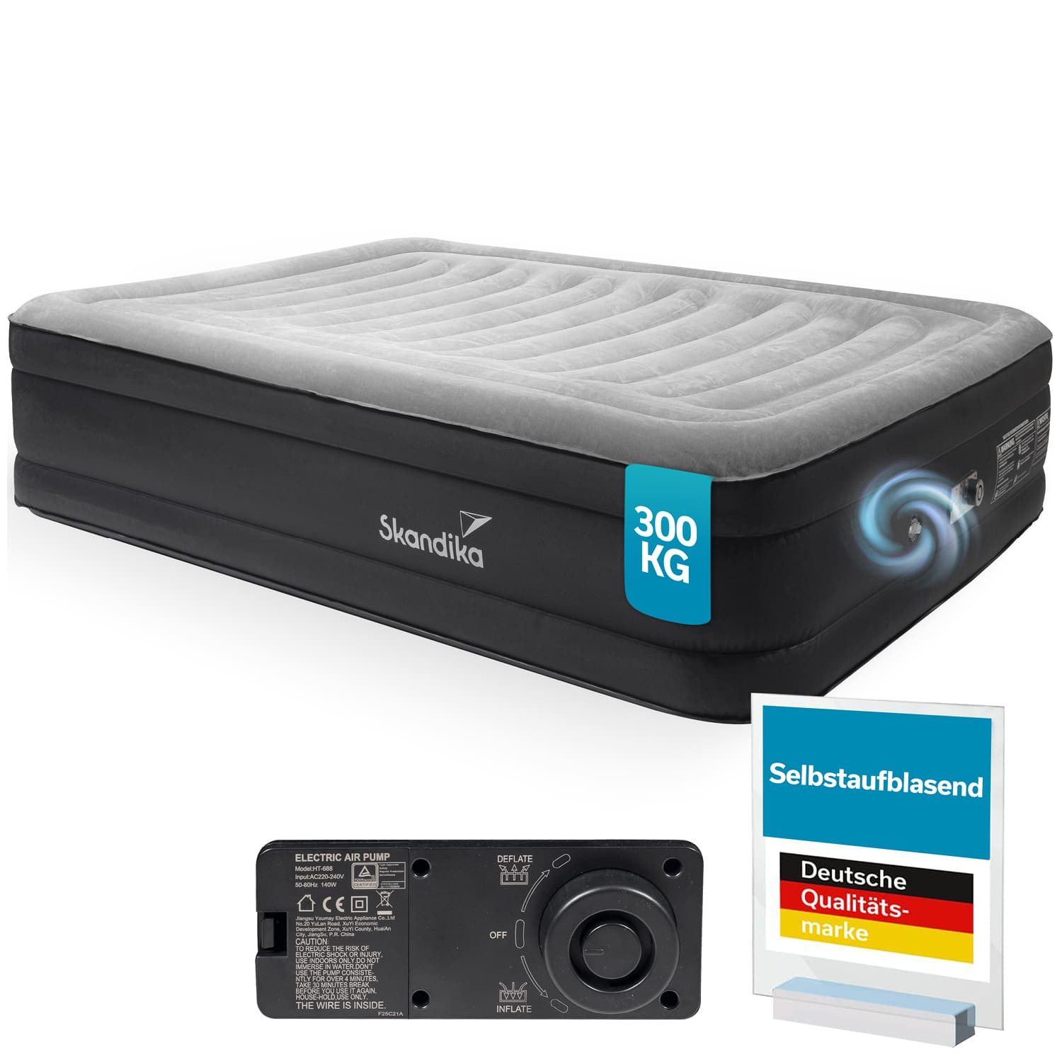 Skandika Luftmatratze Sveja Flex / Plus / Premium, selbstaufblasend mit Pumpe, (Unterseite rutschhemmend, Oberseite: Soft-Touch, beflockt), 300 kg belastbar, Tragetasche, Kabelfach, Luftkammersystem 6 Kammern