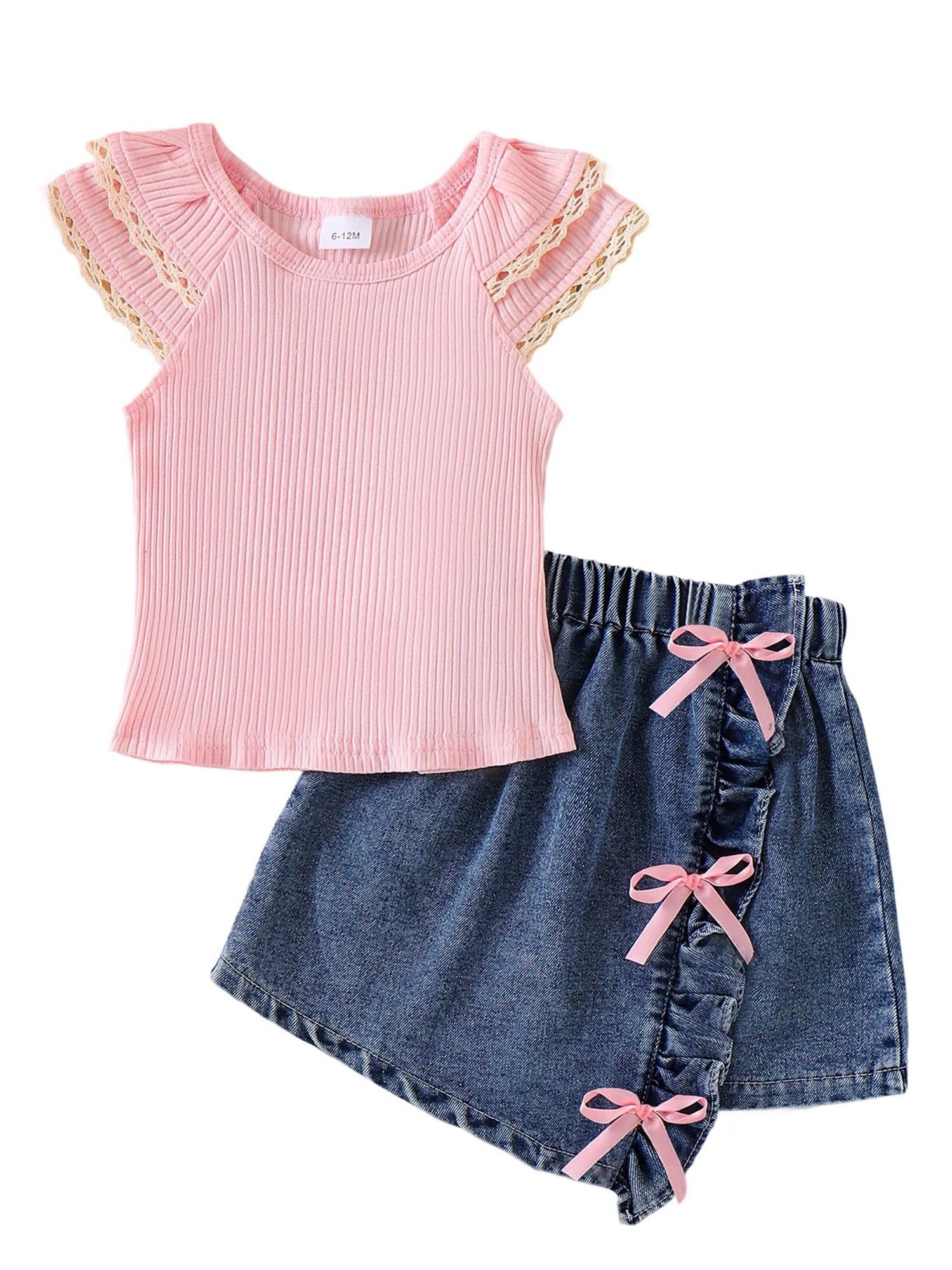 Lapastyle Top & Rock Baby Kleidung, Strickoberteil mit Rüschen und asymmetrischer Jeansrock (Set, 2-tlg) Sommer Mädchen Mode Set mit Spitzenpatchwork, für Partys, Kindertag