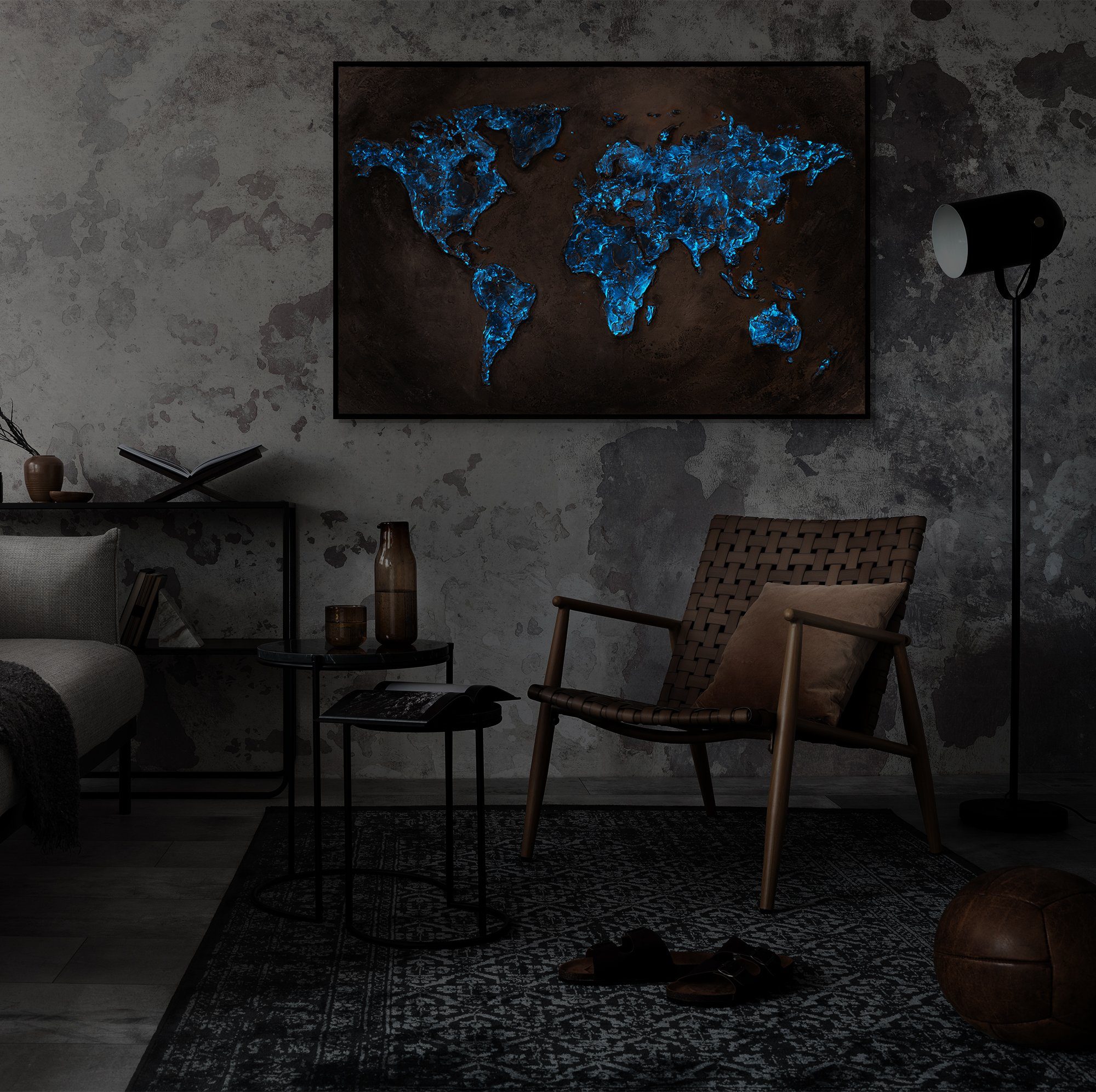 YS-Art Gemälde Welt auf Leinwand, Mit Rahmen in Grau Karte