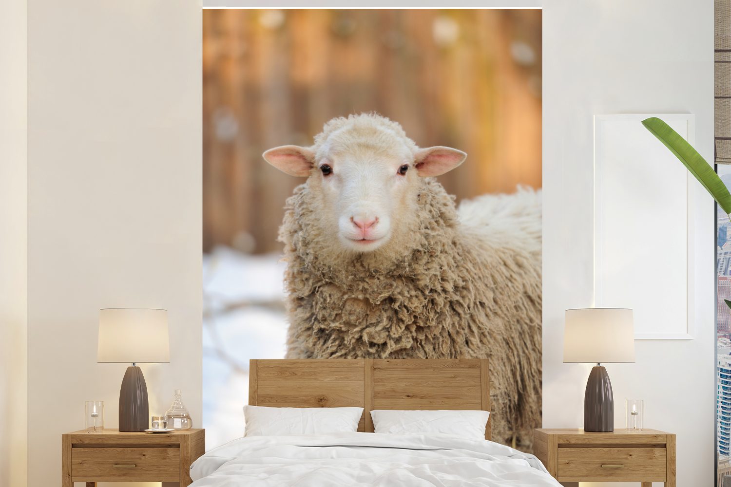 Wolle, Vinyl (3 bedruckt, Wandtapete MuchoWow Matt, Wohnzimmer, St), Montagefertig Schafe Fototapete - Schnee Tapete für -