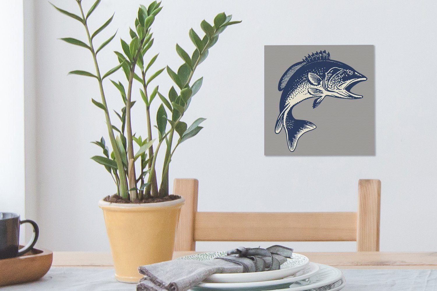 Grau OneMillionCanvasses® Schlafzimmer Wohnzimmer Leinwandbild - Leinwand Fisch (1 St), Zeichnung, für Bilder -