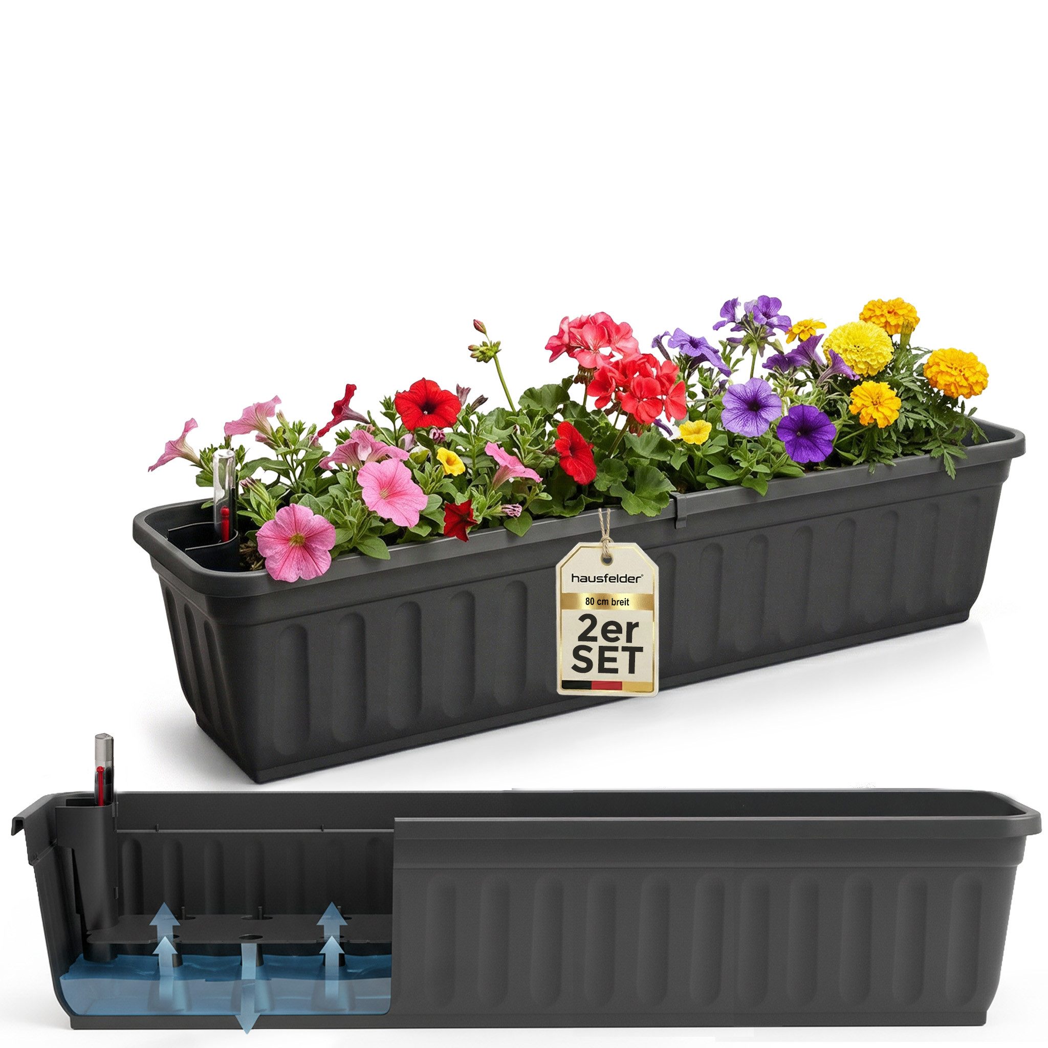 Hausfelder Blumenkasten Balkonkasten mit Wasserstandsanzeiger, Pflanzkasten 2er Set, 80cm (2er Set, 2 St., Jedes Set enthält: Füllstandsanzeiger, Boden, Pflanzkasten), Blumenkästen UV- und witterungsbeständig für innen und außen, matt