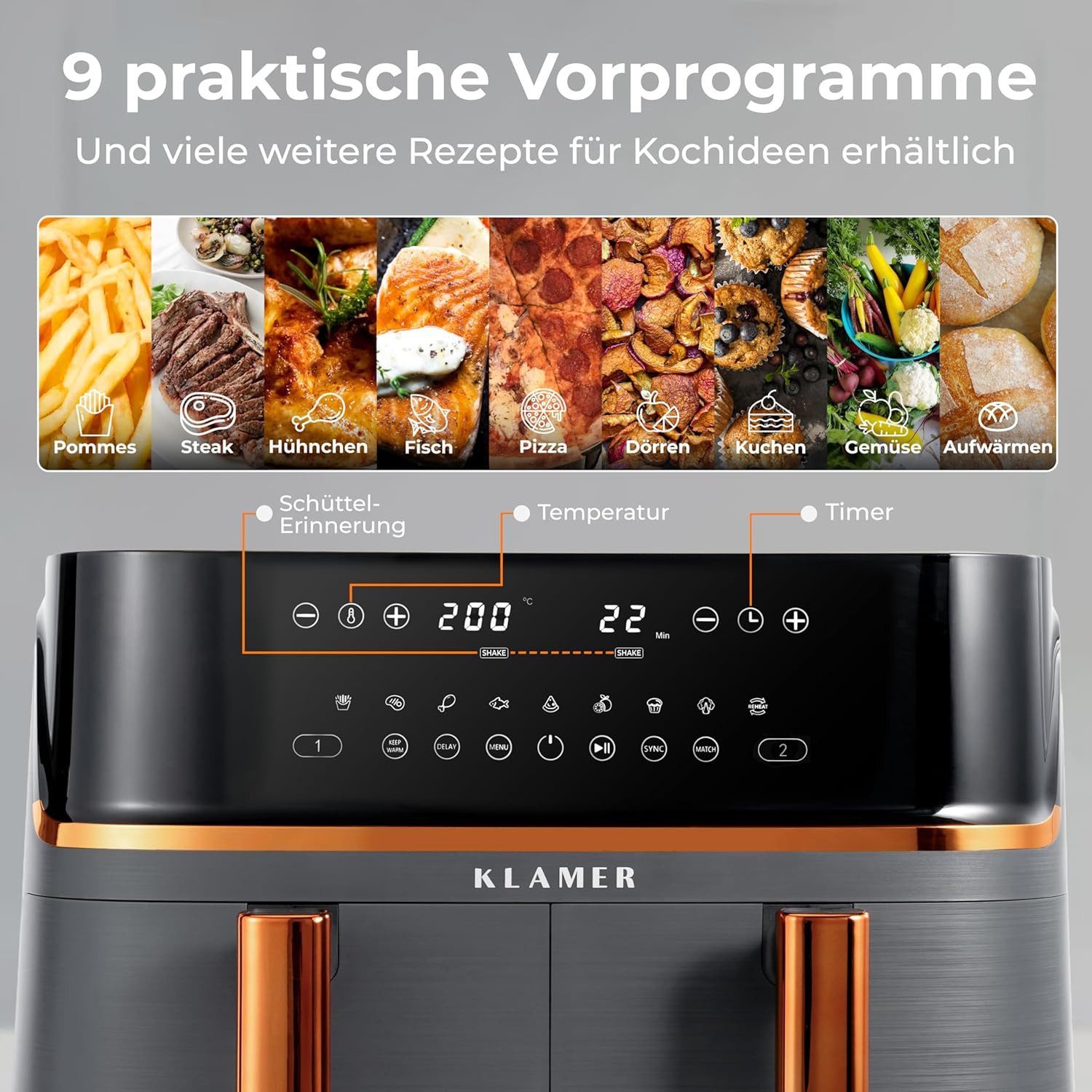 KLAMER Heißluftfritteuse Heißluftfritteuse Duo 9 L – Doppelkammer Airfryer mit 2 Körben, 3000 W, Zwei separate Fächer, Smart-Funktionen, Mehrere Programme & Steuerung