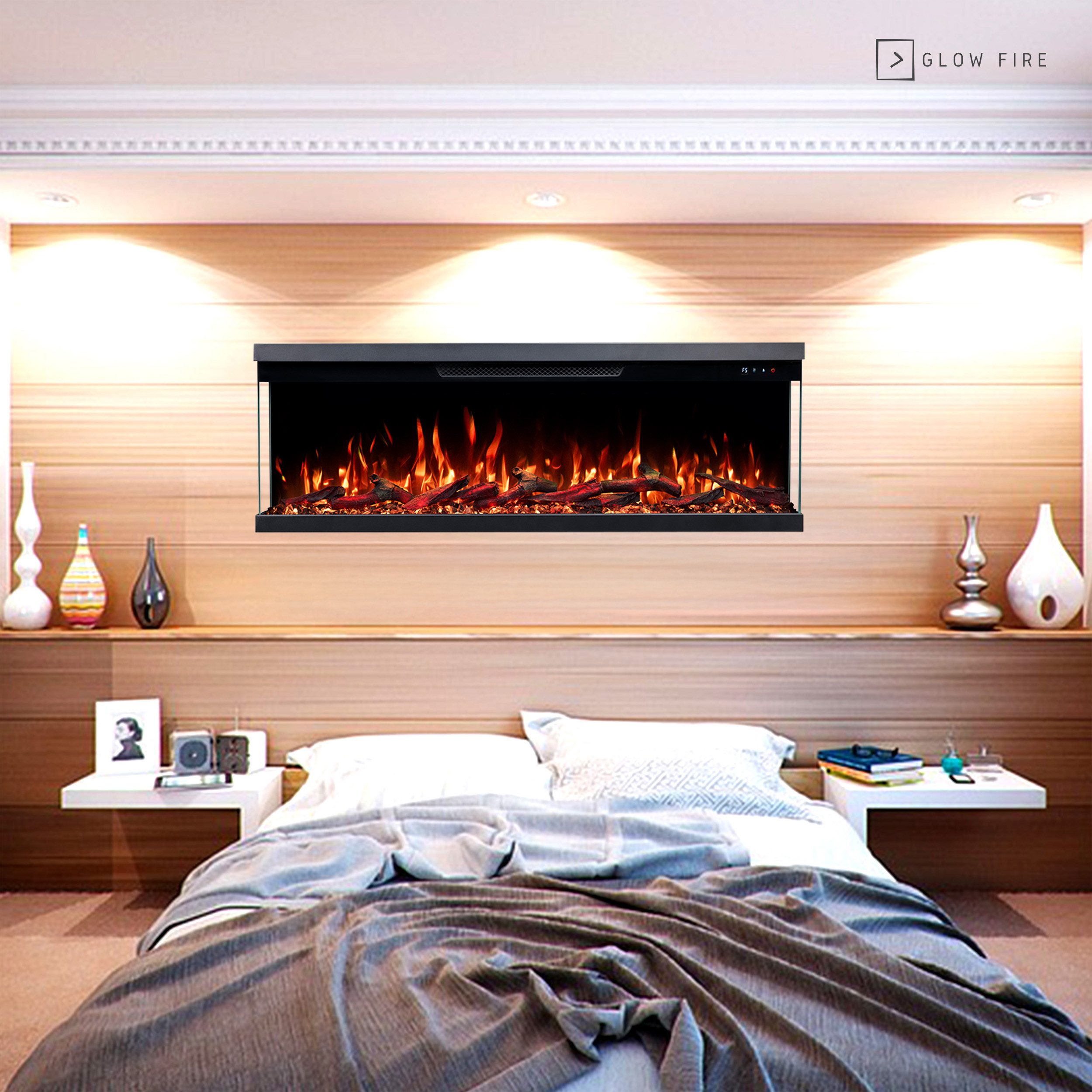 GLOW FIRE Elektrokamin Insert Wandkamin mit 3D Feuer und Heizung (Thermostat, 900- 1800 W), Elektrischer Stand-, Wand- oder Einbaukamin mit APP Steuerung, LED