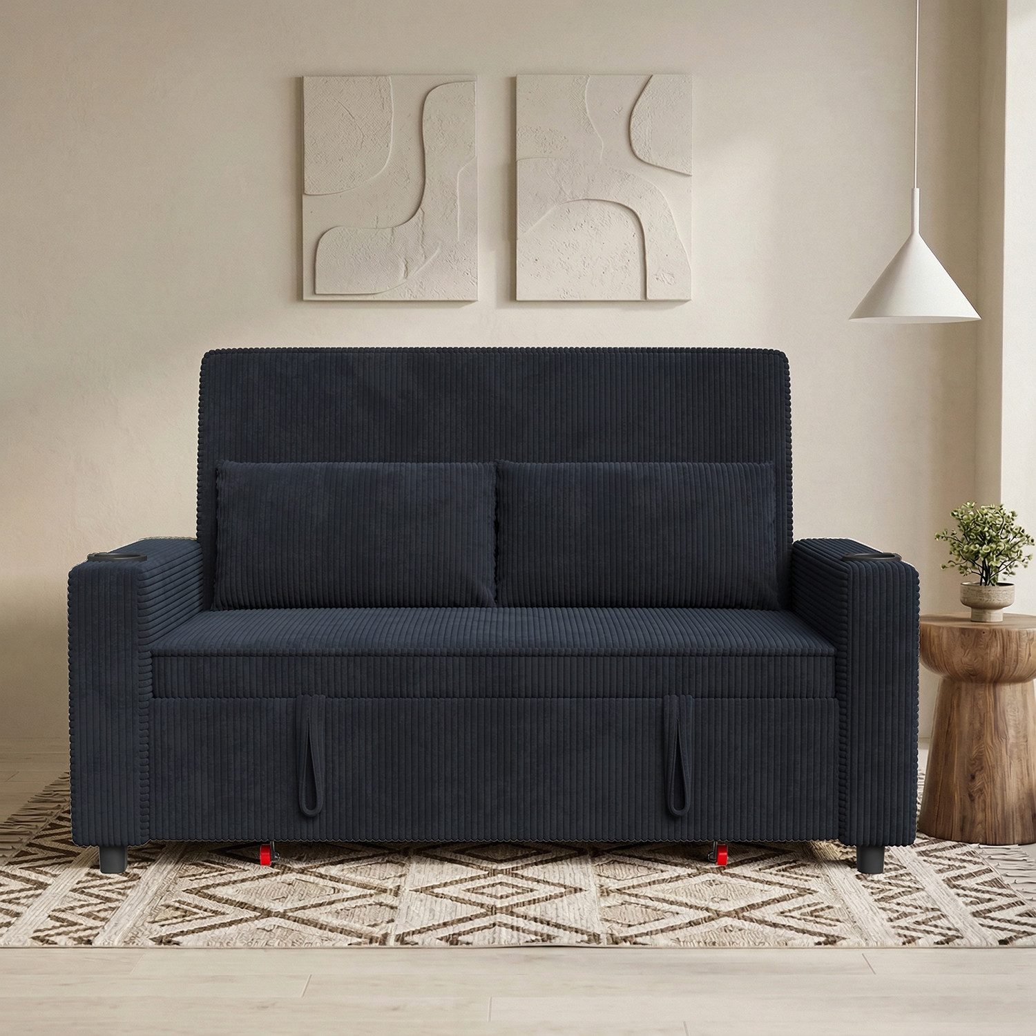 HOMALL Sofa Doppelschlafsofa Samtstoff Couchbett, mit Schlaffunktion,Stauraum,zwei Getränkehaltern,verstellbare Rückenlehne