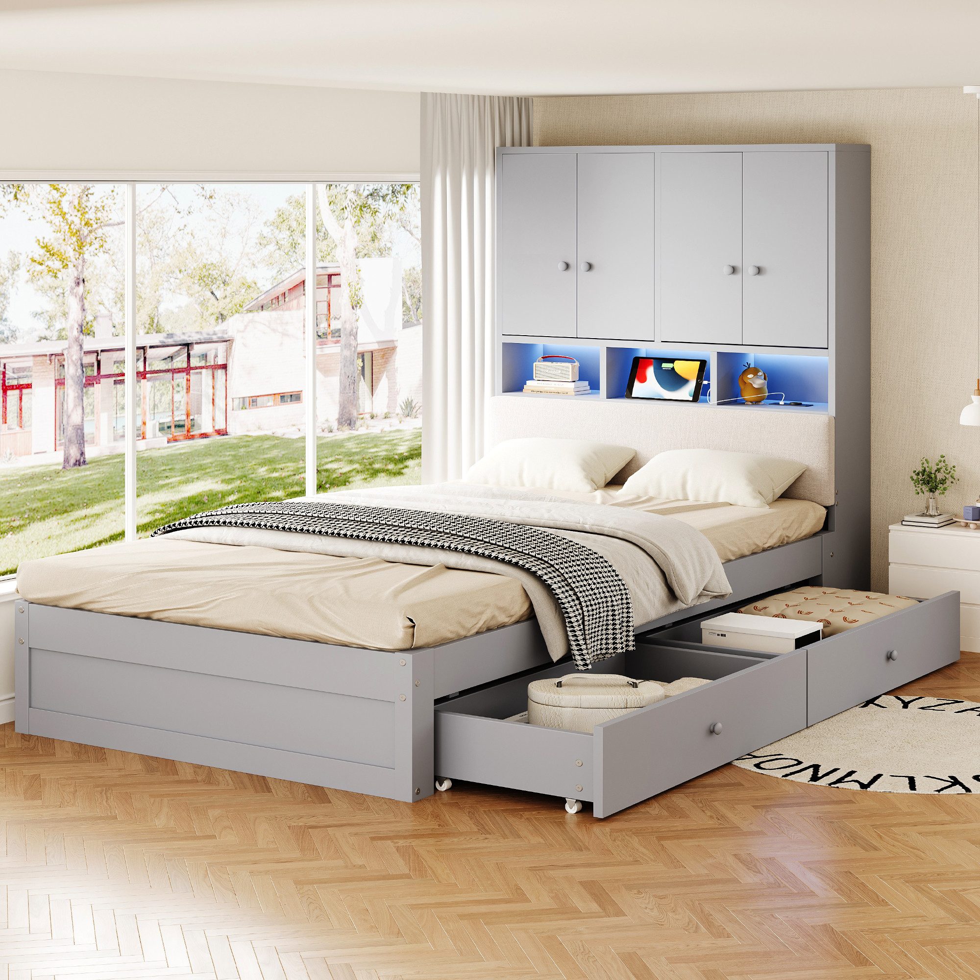 i@home Stauraumbett Funktionsbett, Holzbett, 90 x 200 cm, Einzelbett, Grau (1-tlg), Mit LED-Beleuchtung und Steckdose, mit gepolsterter Rückenlehne, Grau