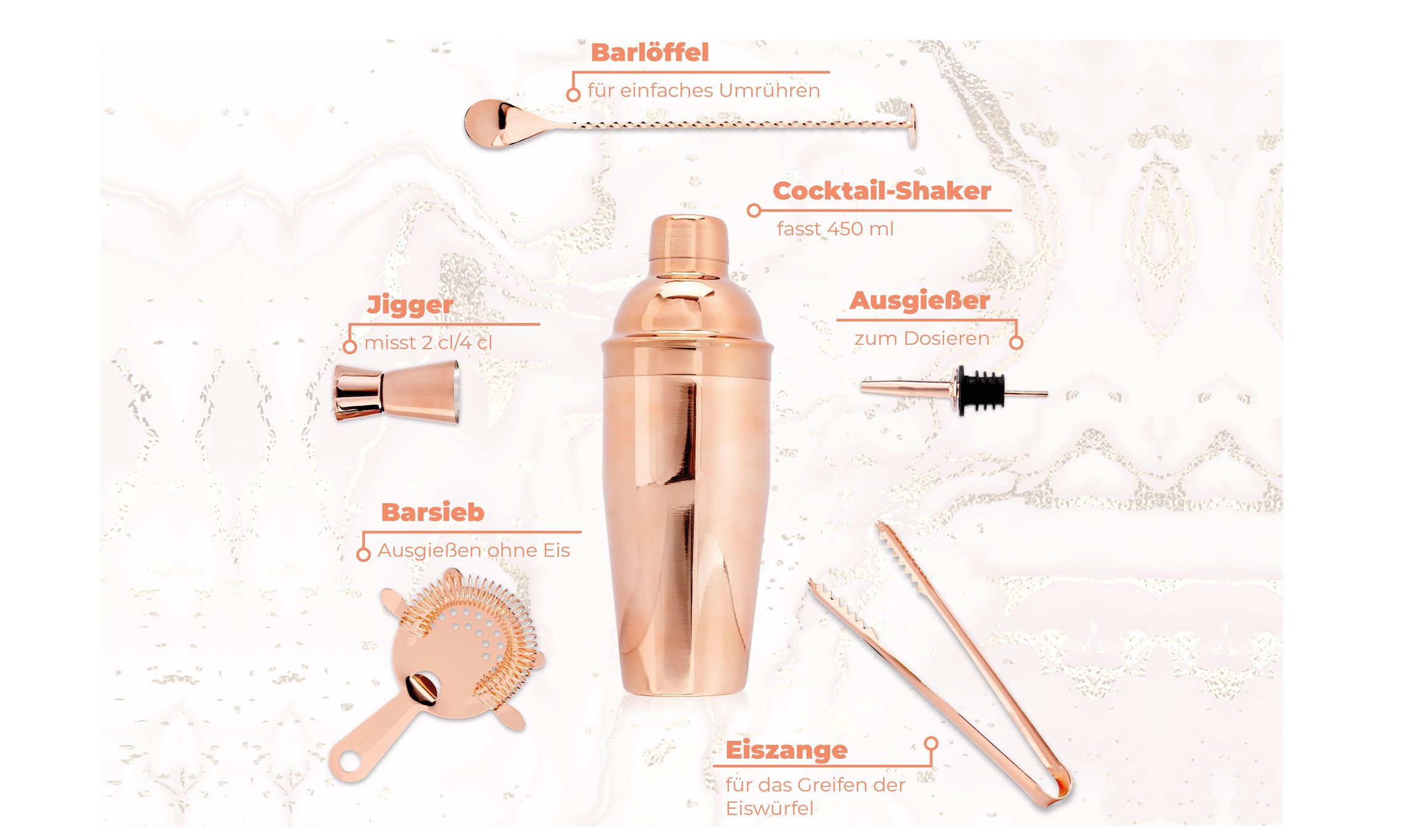 Mixcompany Gläser-Set Cocktail Barset aus Kupfer – 6-teiliges Set in Roségold mit Shaker