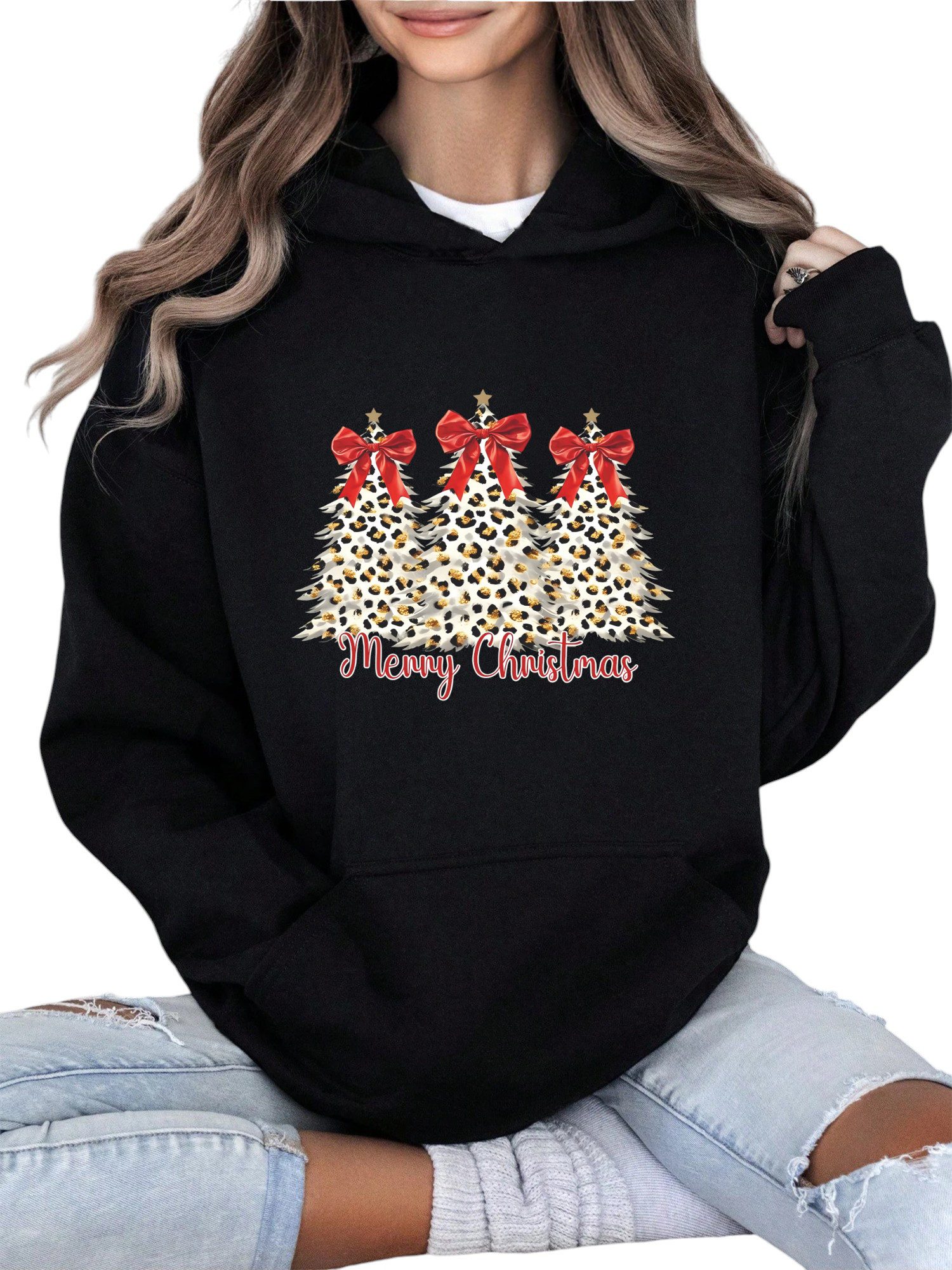 Fleecepullover Damen Festlich Wintermode Hoodie Fleecepullover mit Große Tasche