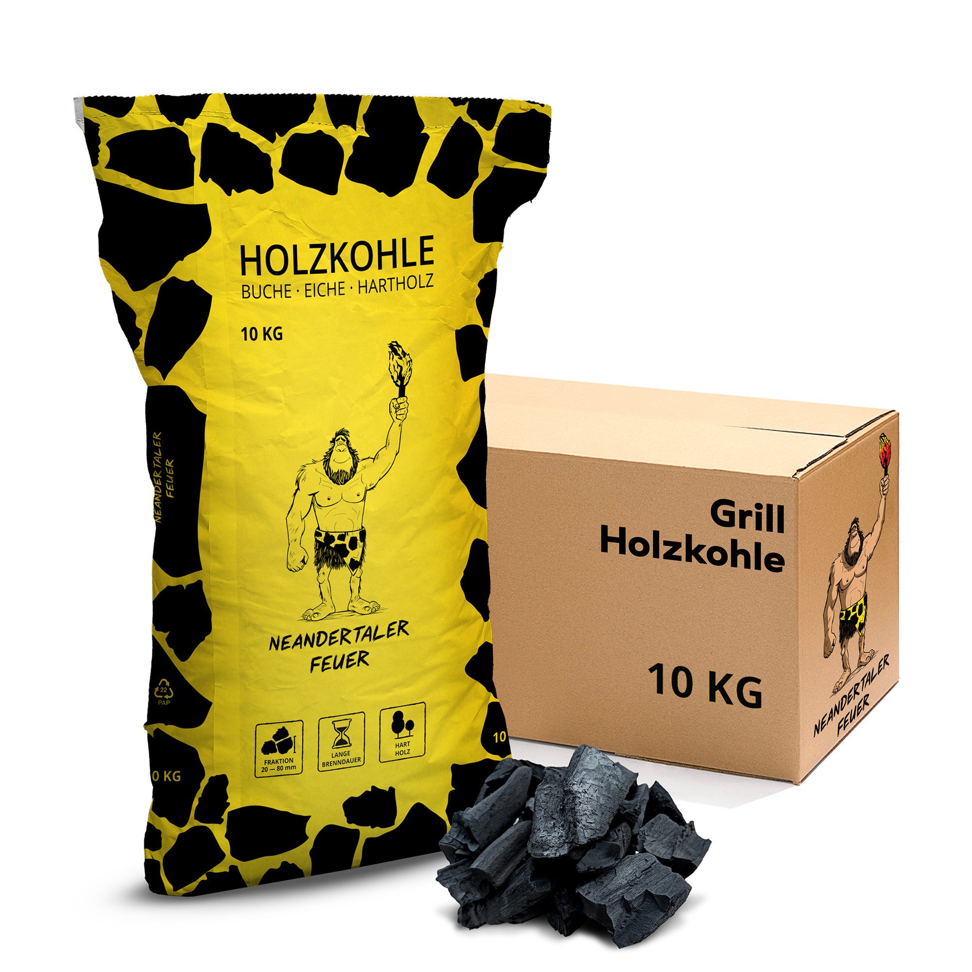 Neandertaler Feuer Holzkohle Grillkohle Kohle für Grill BBQ Smoker Charcoal Grillholzkohle Buche, 10 kg