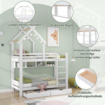 SOFTWEARY Etagenbett mit 2 Schlafgelegenheiten und Lattenrost (90x200 cm), Hausbett inkl. Rausfallschutz, Kiefer