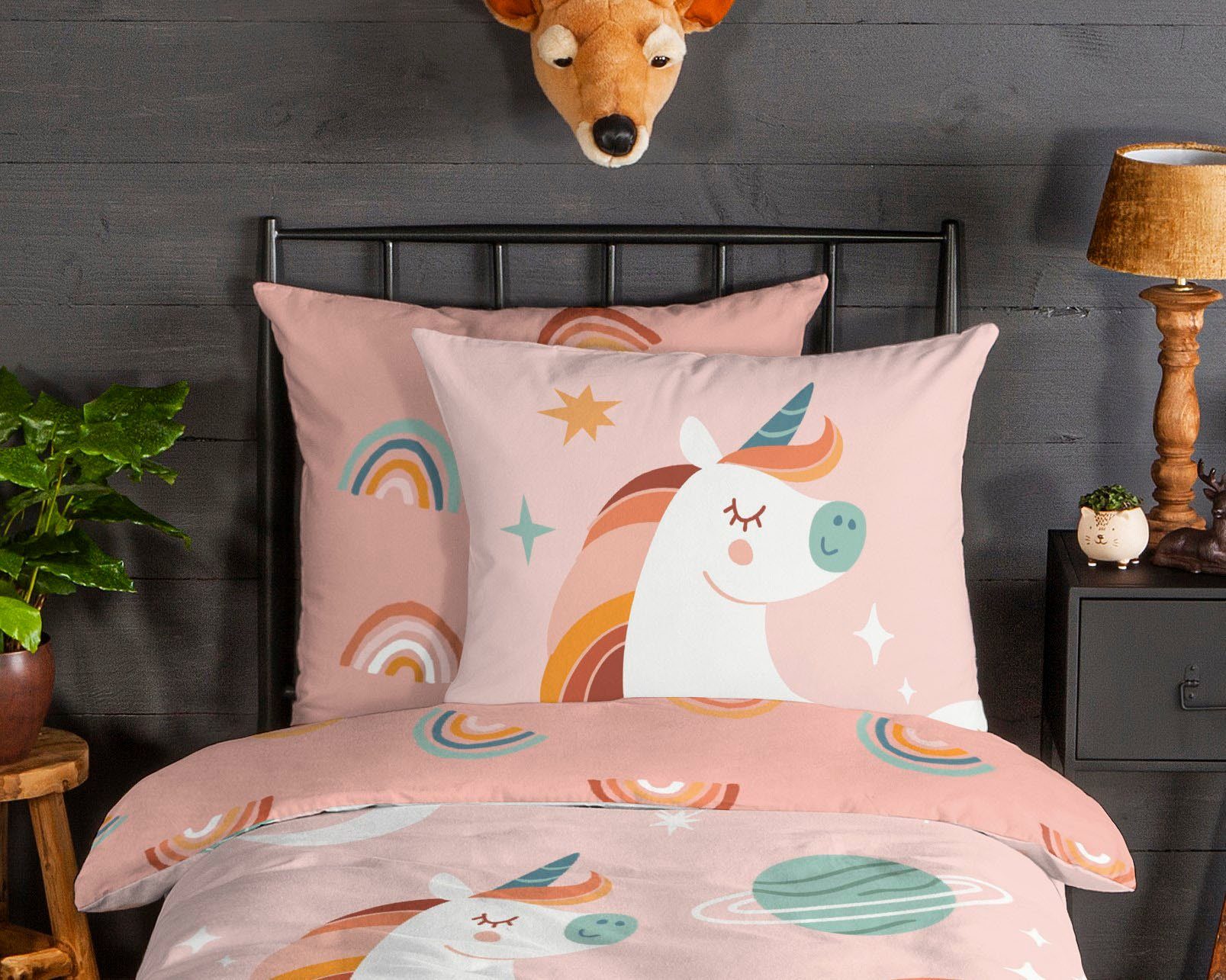 good morning Kinderbettwäsche Unidance, Biber, Flanell, 2 teilig, Biber, 135x200, Warm, Weich, Wende, Reißverschluss, Kind, Einhorn Rosa