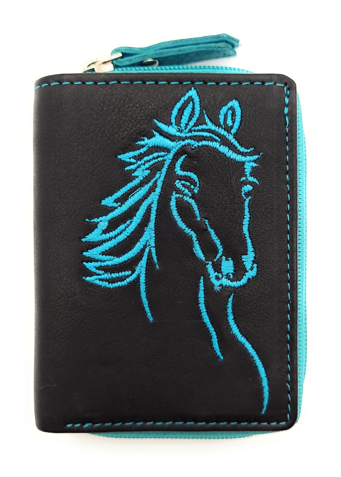 JOCKEY CLUB Mini Geldbörse kleines echt Leder Portemonnaie mit gesticktem Pferdemotiv