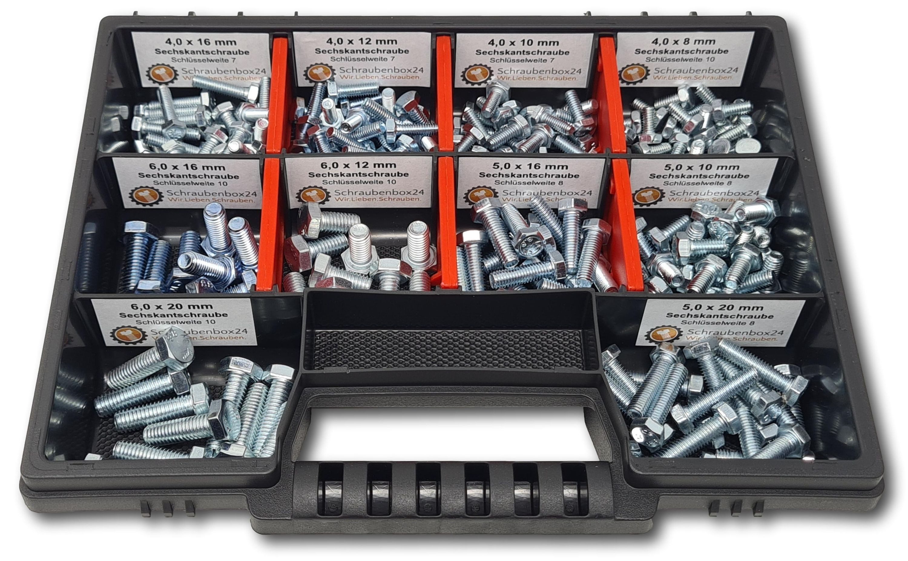 Schraubenbox24 Sechskantschraube Sortiment M4-M5-M6 // 8mm-20mm, (DIN 933 ISO 4017, 215 St., galvanisch verzinkt), 215 Stück Sechskantschrauben