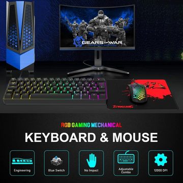 ZIYOU LANG Tastatur- und Maus-Set, (Blauer Schalter - Mini QWERTY Layout Abnehmbares USB-C Kabel 12000 DPI), 60% Compact RGB Gaming mechanische Tastatur Schwarz Set Combo