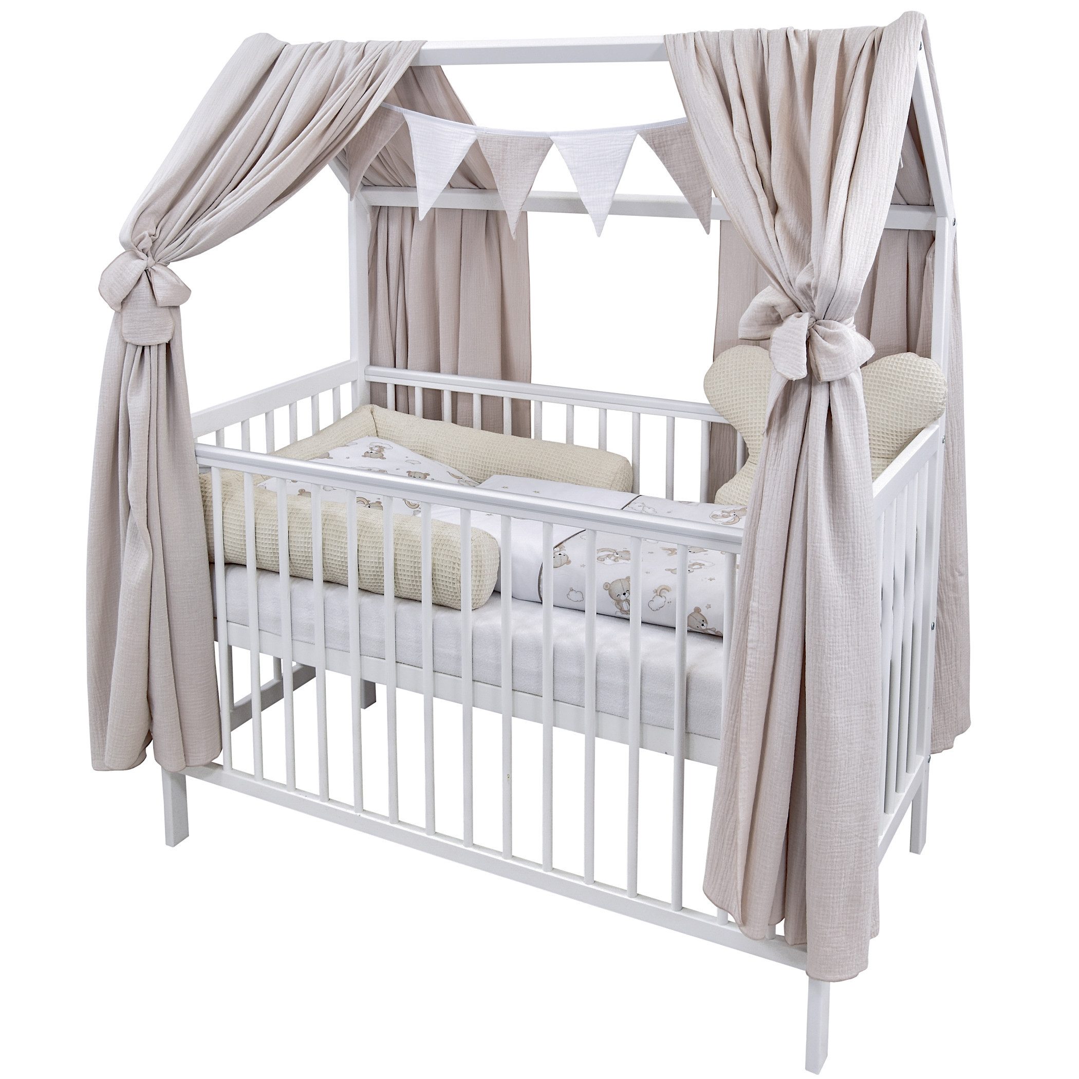 Baby-Delux Komplettbett Hausbett Babybett Komplettset Waffelpique Musselin, günstig online kaufen