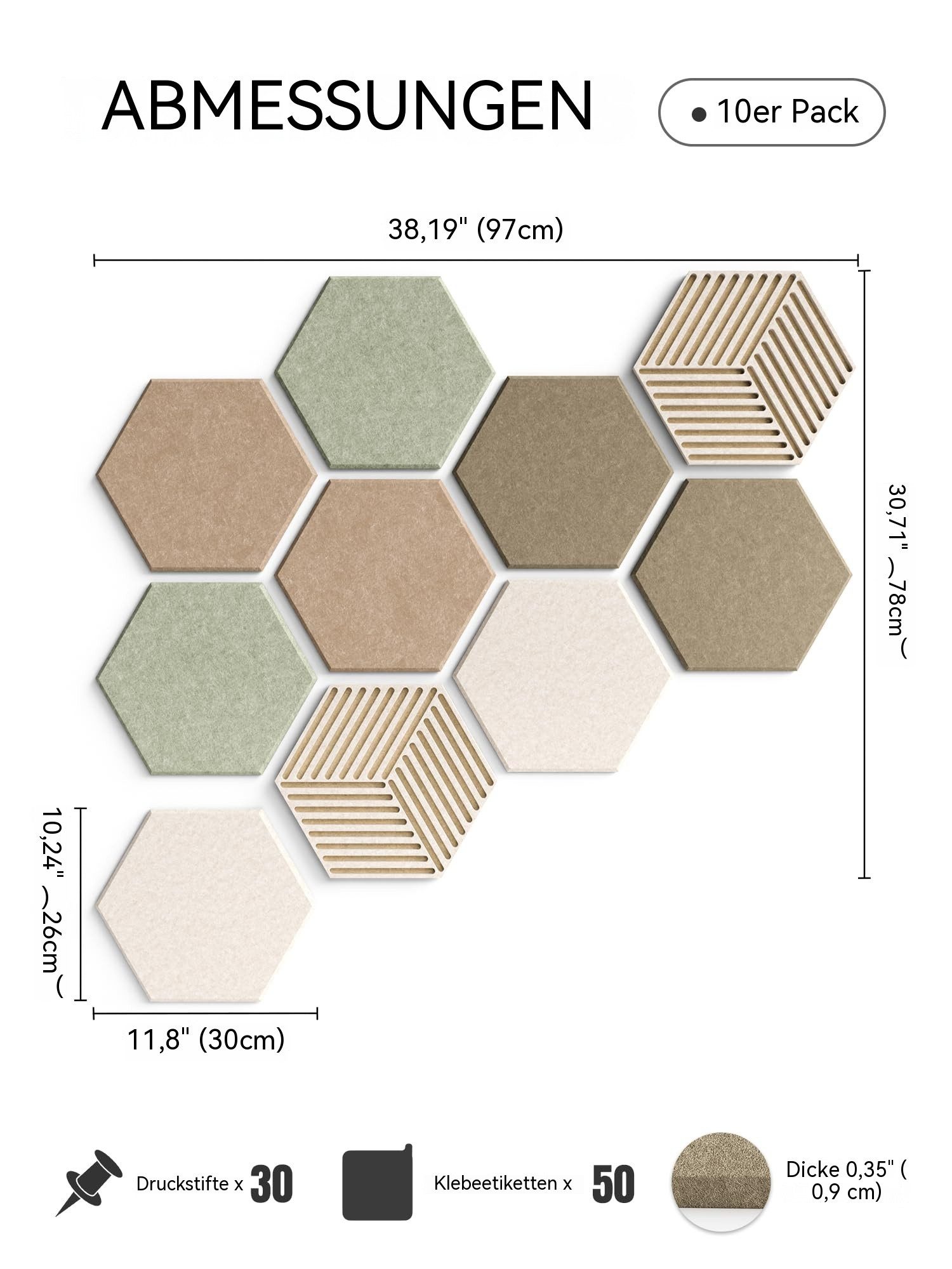 Agger Pinnwand Korktafel Memoboard Pinnwand Filz Pinnwand Sechseckig,10 Stück, Filz-Pinnwand-Set, inklusive 30 Reißzwecken und 50 Klebeetiketten.