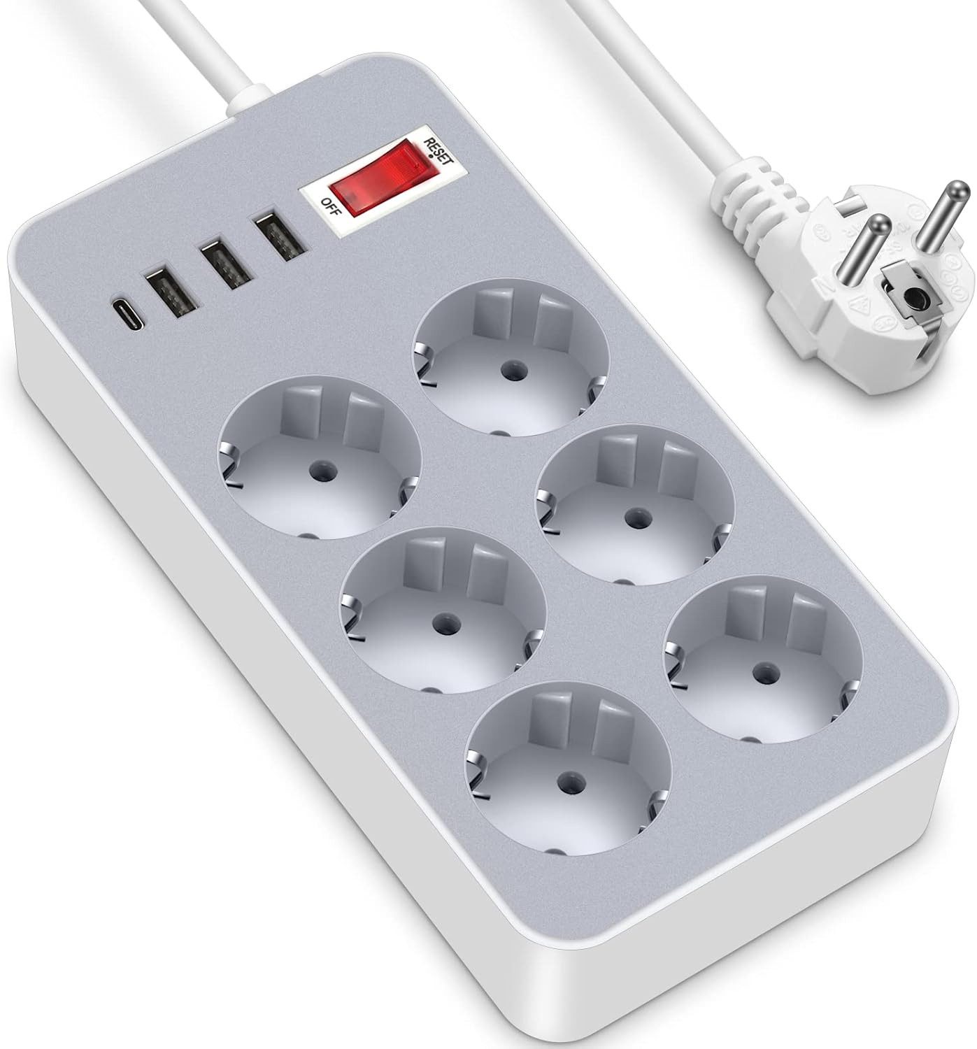 LA CUTE Mehrfachsteckdose 10-fach (6 Steckdosen, 4 USB-Anschlüsse (3x USB-A, 1x USB-C), Überspannungsschutz, Wandmontage, 1,8 m Kupferkabel, mechanischer Schutzschalter., Überspannungsschutz, Überlastschutz, Kurzschlussschutz., Kabellänge 1.8 m), Steckdosenleiste mit Überspannungsschutz, 4 USB-Anschlüsse, 2200W.