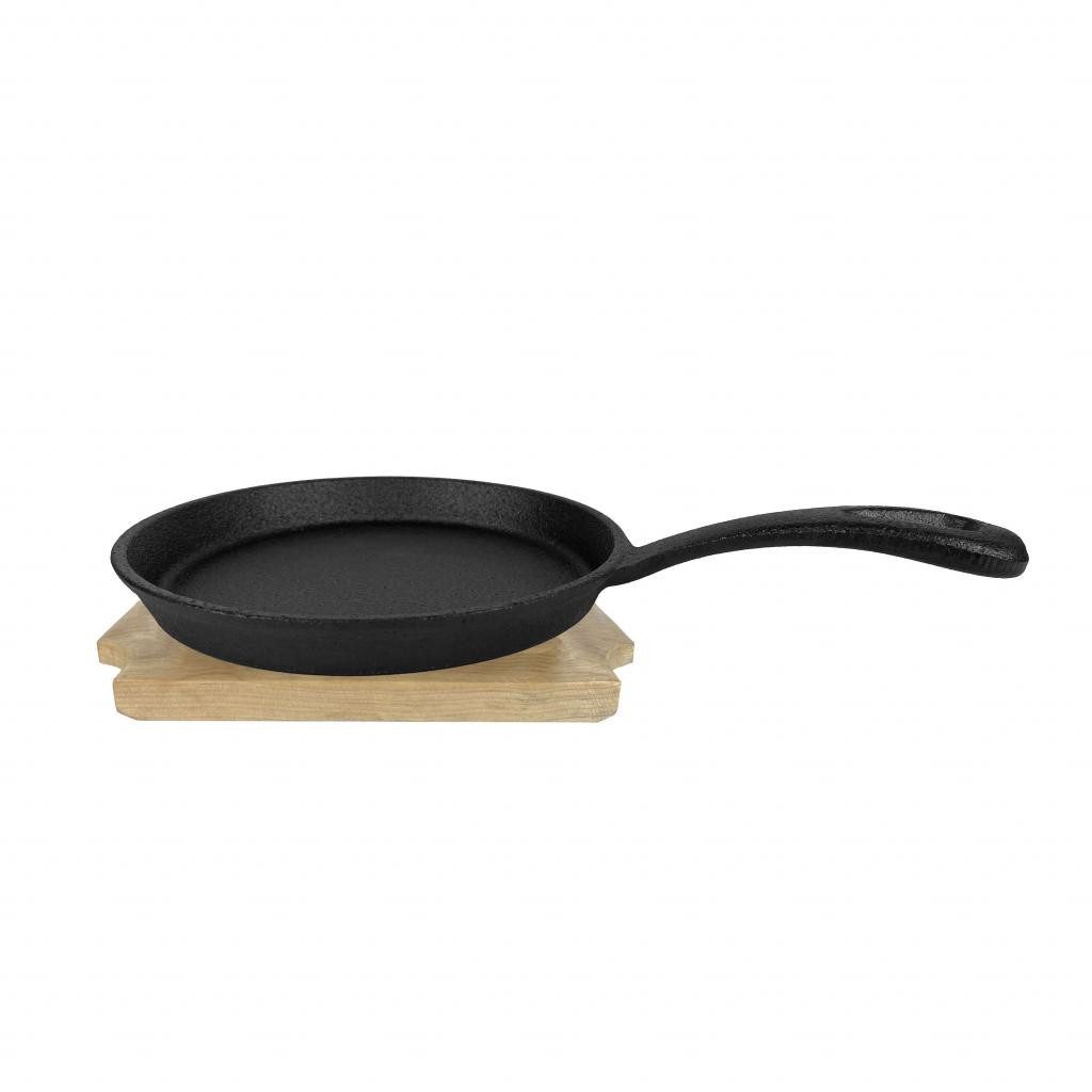 Gusseisenkuss Grillpfanne Guss-Minipfanne ø 13 cm mit Holzuntersetzer, Gusseisen