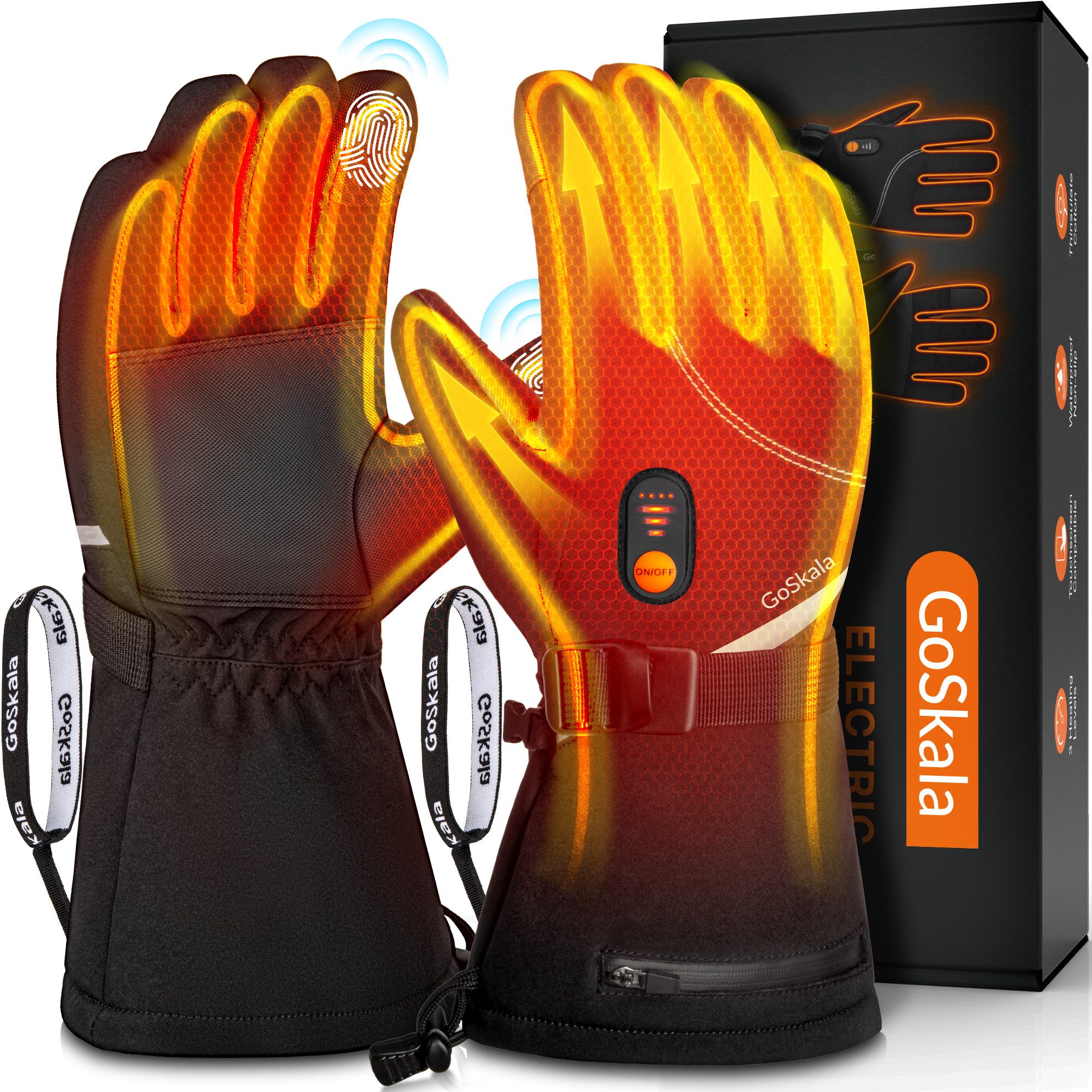 GoSkala Beheizbare Handschuhe Skihandschuhe mit 3 Heizstufen, Thermohandschuhe Winterhandschuhe (Set) Beheizt, Touchscreen-kompatibel, Wiederaufladbar, Temperaturregelbar