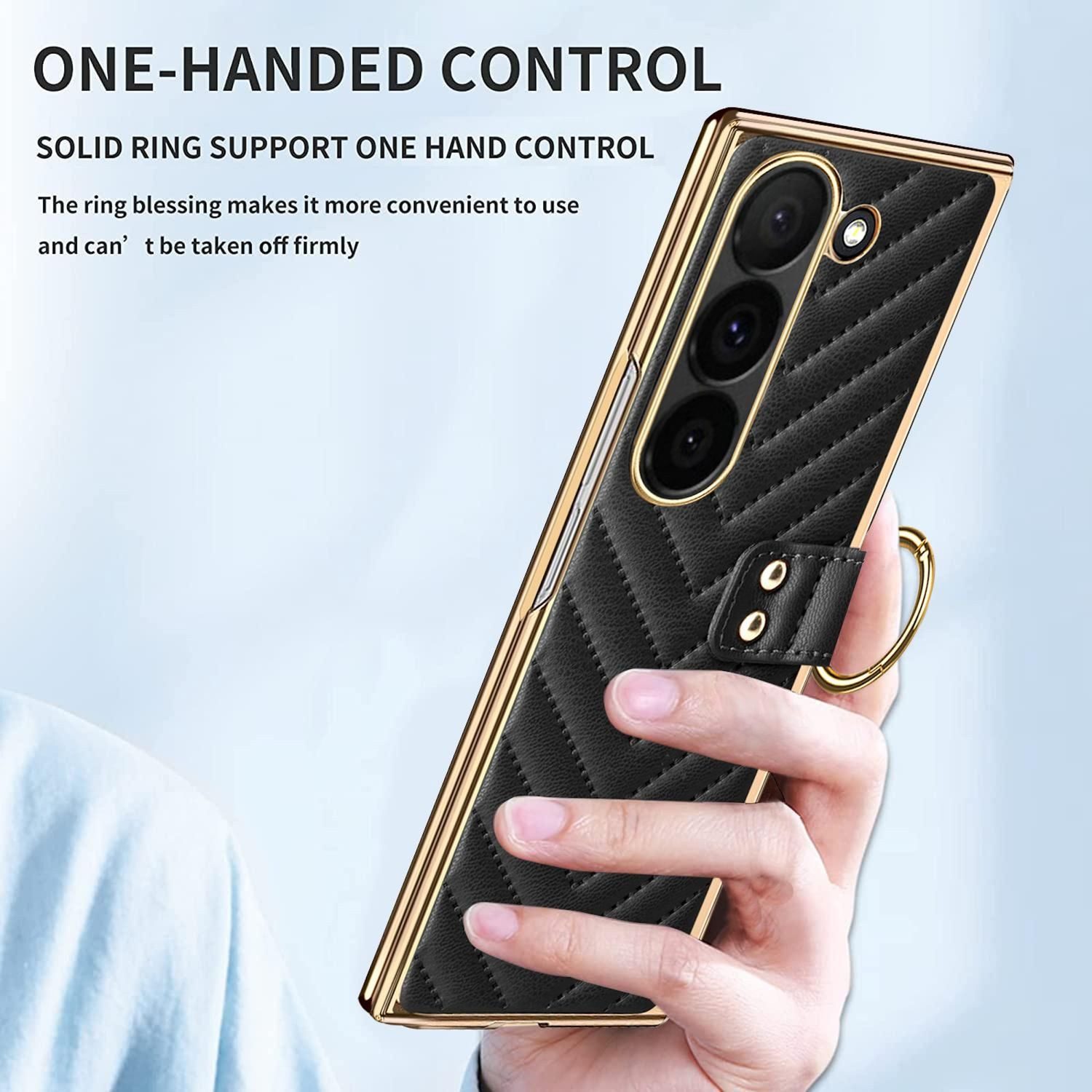 Wigento Handyhülle Für Samsung Galaxy Z Fold6 Dream Series Ring Kunstleder Hülle Schwarz, Stoßfest, Metallring, stilvoll