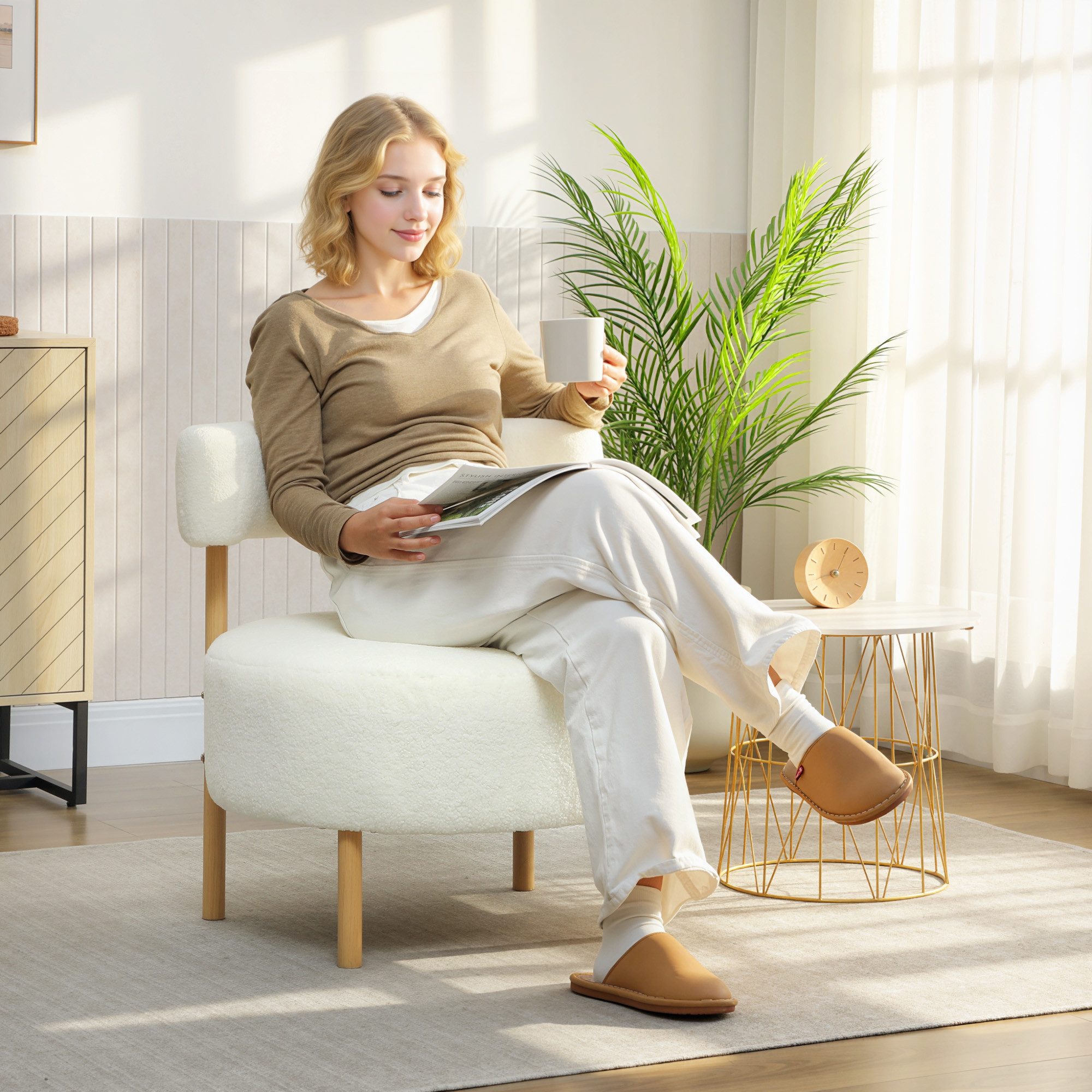HOMCOM Sessel Loungesessel Lesesessel mit Sherpa-Fleece, Metallbeinen in Holzoptik (Relaxsessel, 1-St., Polstersessel), für Wohnzimmer, Schlafzimmer, Cremeweiß