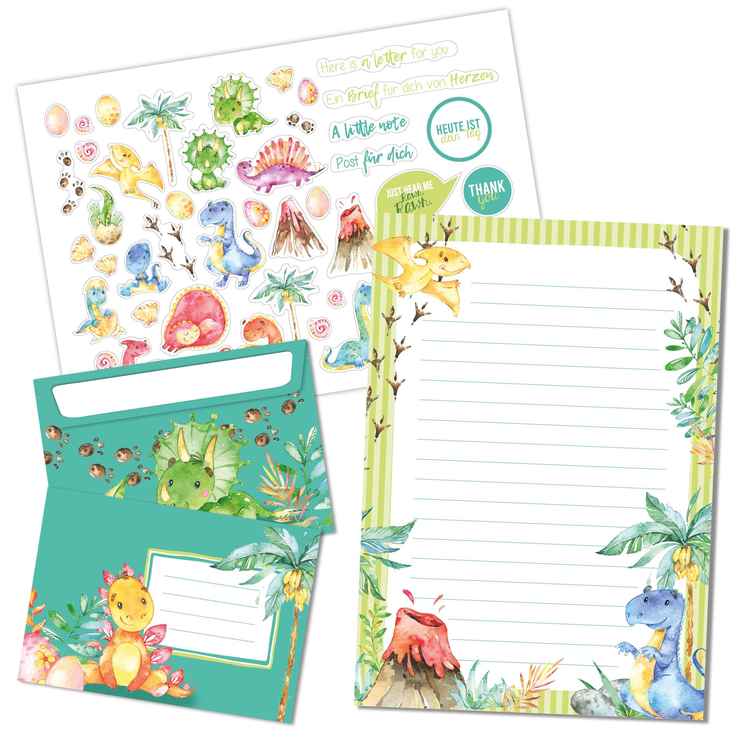 PAPIERDRACHEN Briefpapier Briefblock Set - 50 bunt bedruckte Briefbögen -Briefpapier, Briefpapier mit Stickerbogen - 20 bedruckte Umschläge