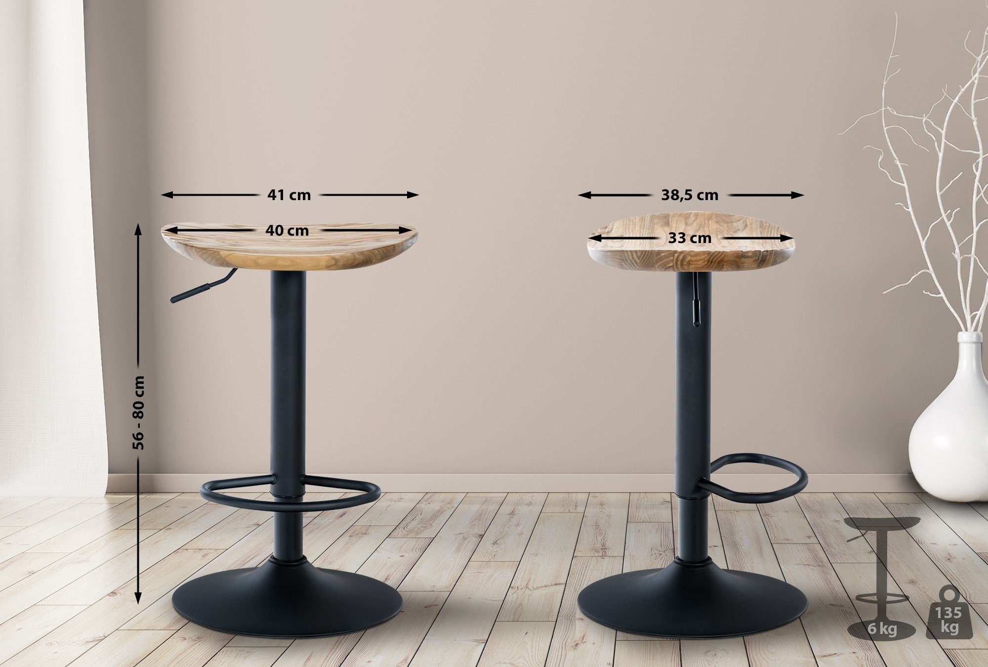 CLP Barhocker Skelde (Set, 2er), höhenverstellbar, Massivholz-Sitz