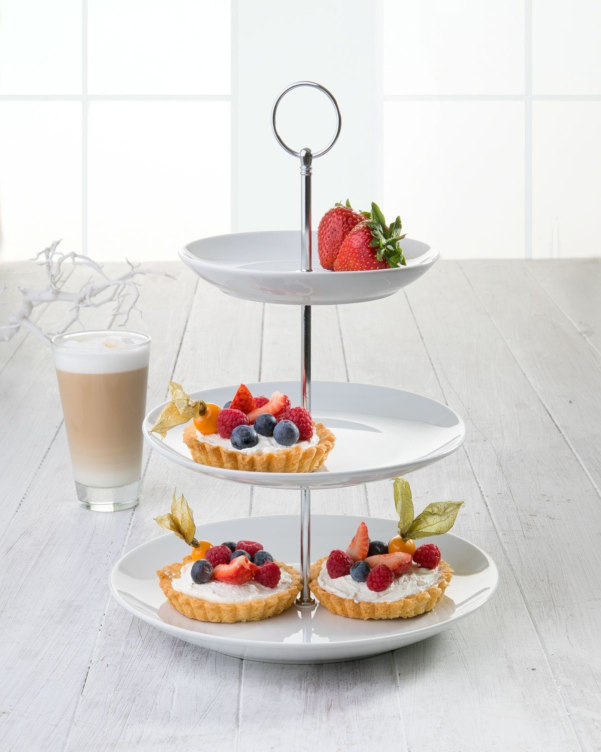 Home4You Etagere Servier-Ständer, Höhe 37 cm, 3 Etagen, weiß, Porzellan, (2-tlg), Ø 26 cm, für Obst, Süßigkeiten, Kuchen, Desserts – Bild 2 von 5