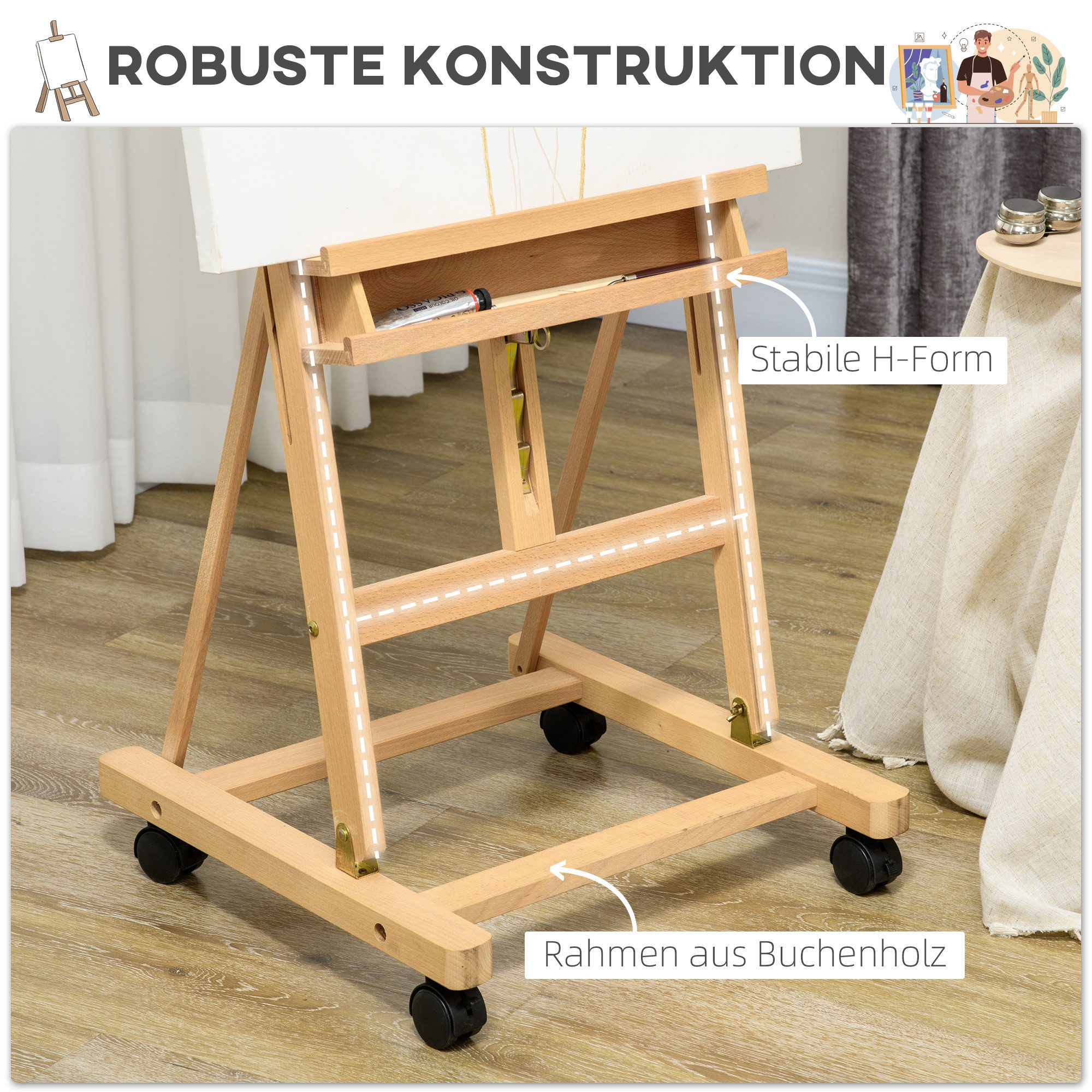 Vinsetto Staffelei Staffelei Standstaffelei mit Rollen, höhenverstellbar, Buchenholz, Naturholz 50,5 x 53 x 178-238 cm – Bild 5 von 5