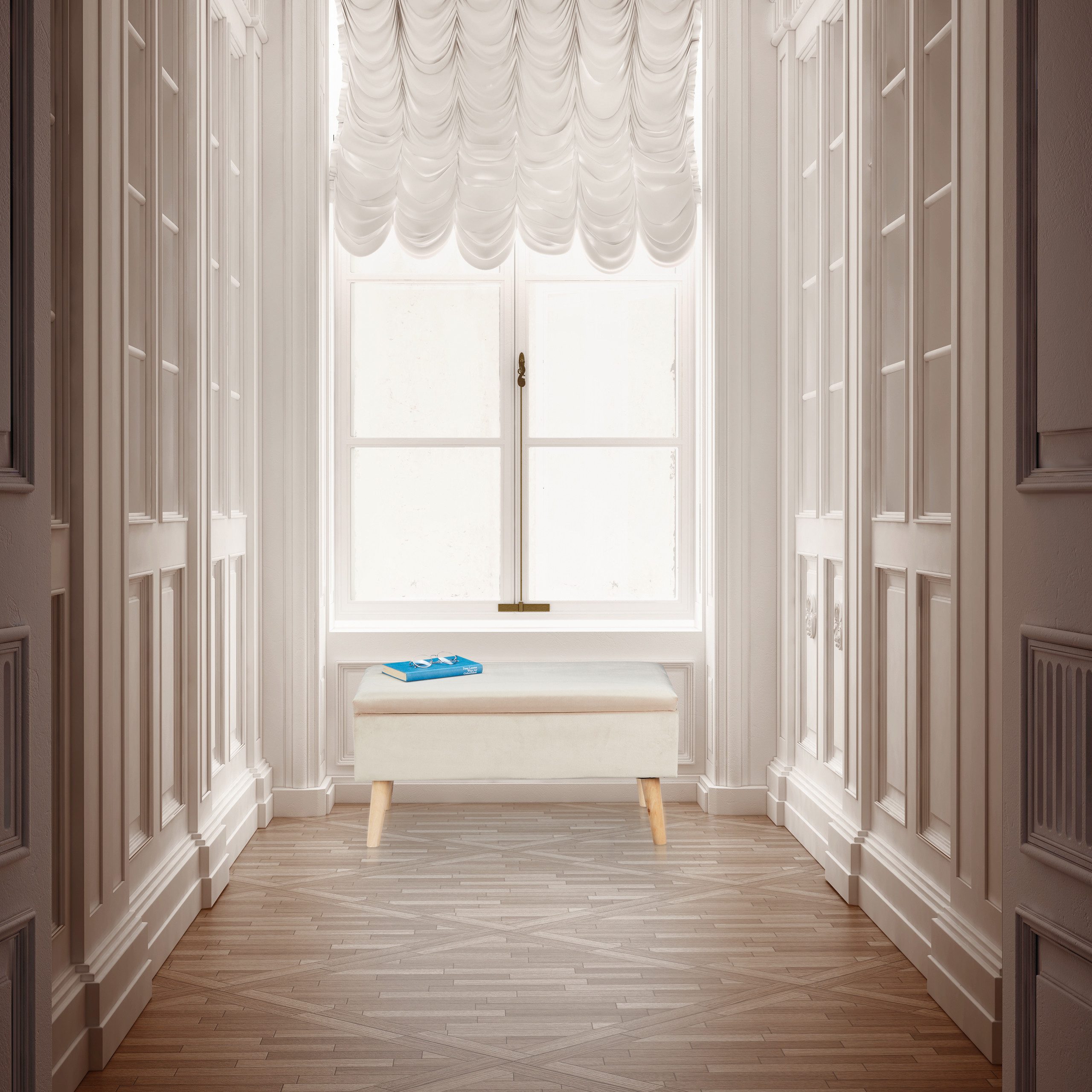 relaxdays Sitzbank Samt Sitzbank mit Stauraum, Creme