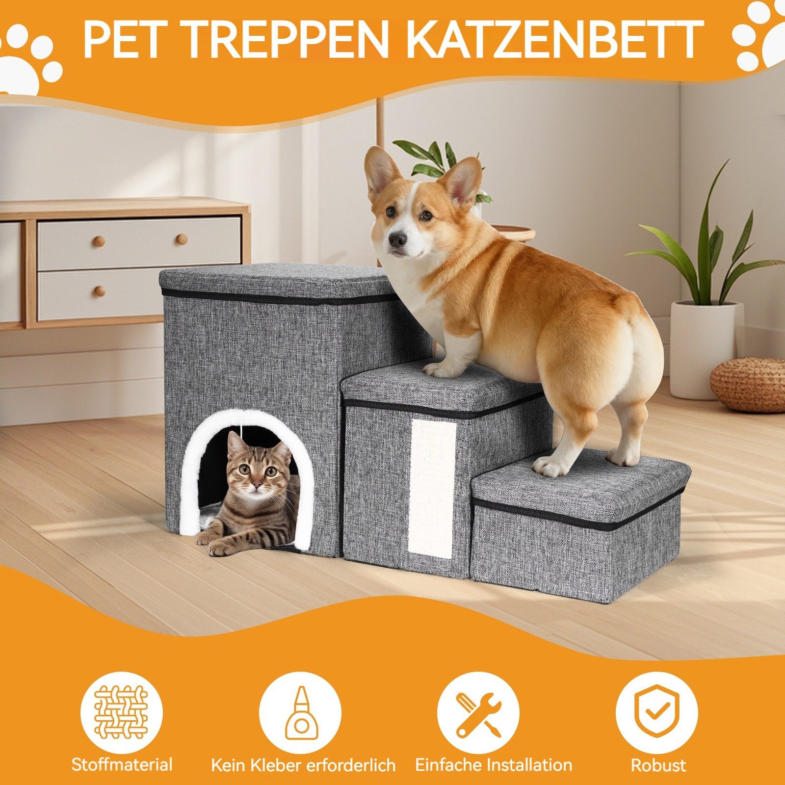 BlingBin Haustiertreppe 3 Stufen Klappbar Treppe mit Katzenhöhle, Hundetrep günstig online kaufen