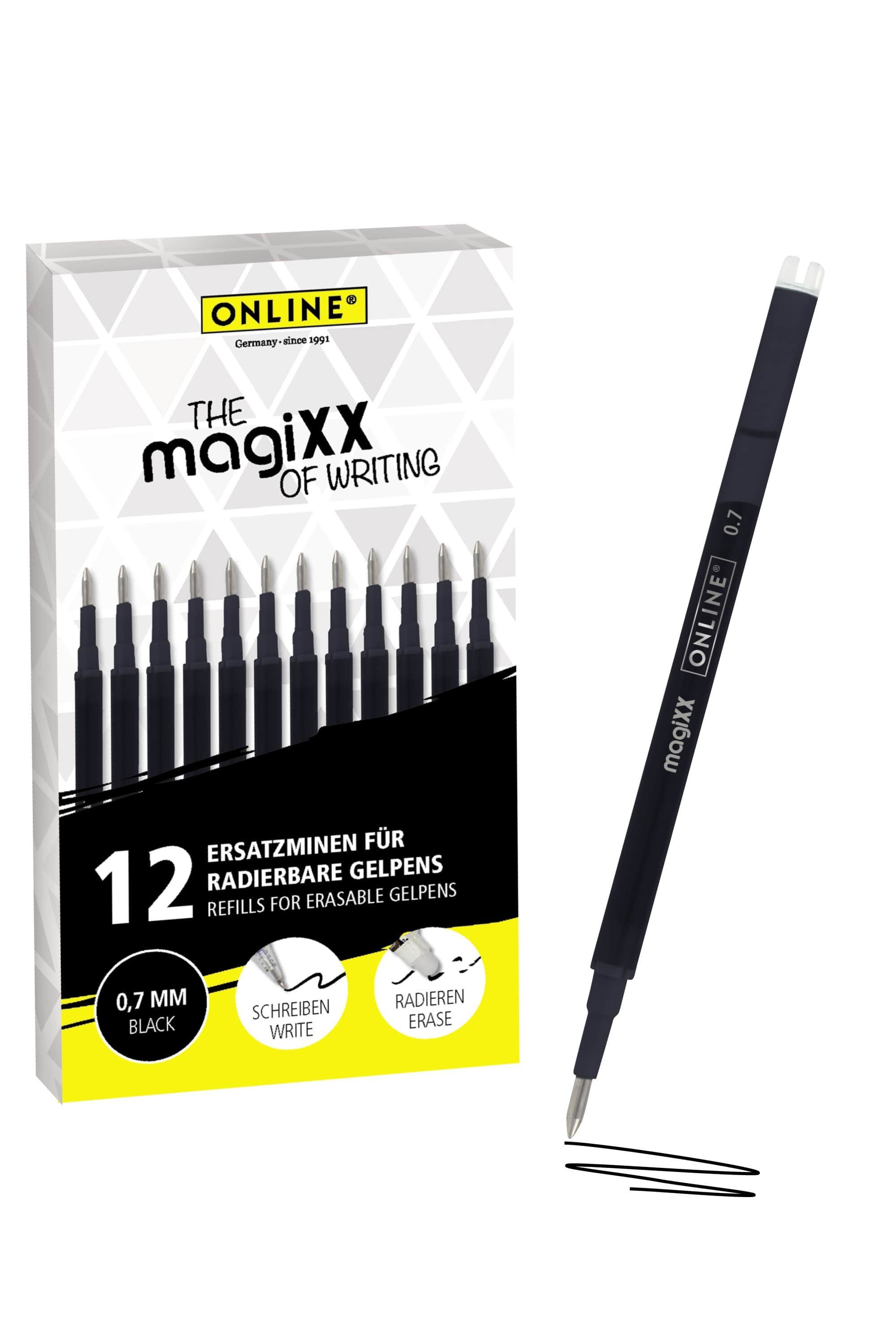 Online Pen Tintenroller magiXX Mine, (12x radierbare Ersatzminen schwarz für Gelschreiber), Nachfüll-Minen kompatibel mit Pilot Frixion, magiXX Gelstift