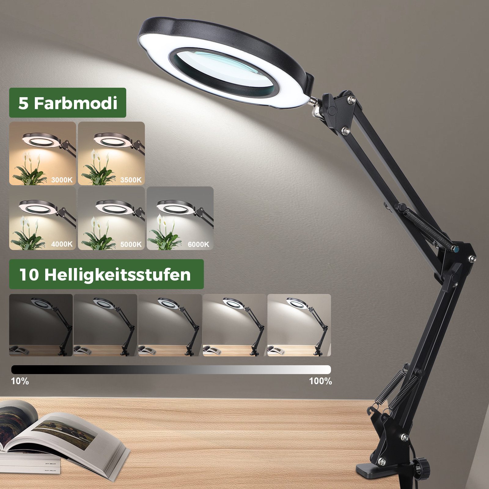 QUBEBU LED Klemmtischleuchte 10X Lupe mit Licht und Ständer, LED 2 in 1 Lup günstig online kaufen
