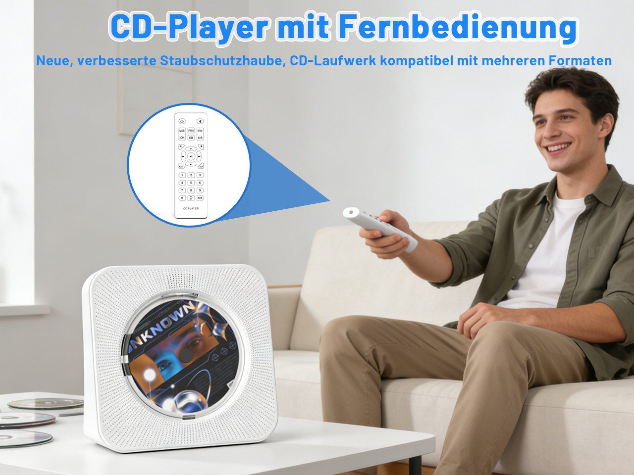 Greadio KC806 Tragbarer CD-Player mit Bluetooth 5.0 FM-Radio & Fernbedienung CD-Player (Weiß) – Bild 5 von 5