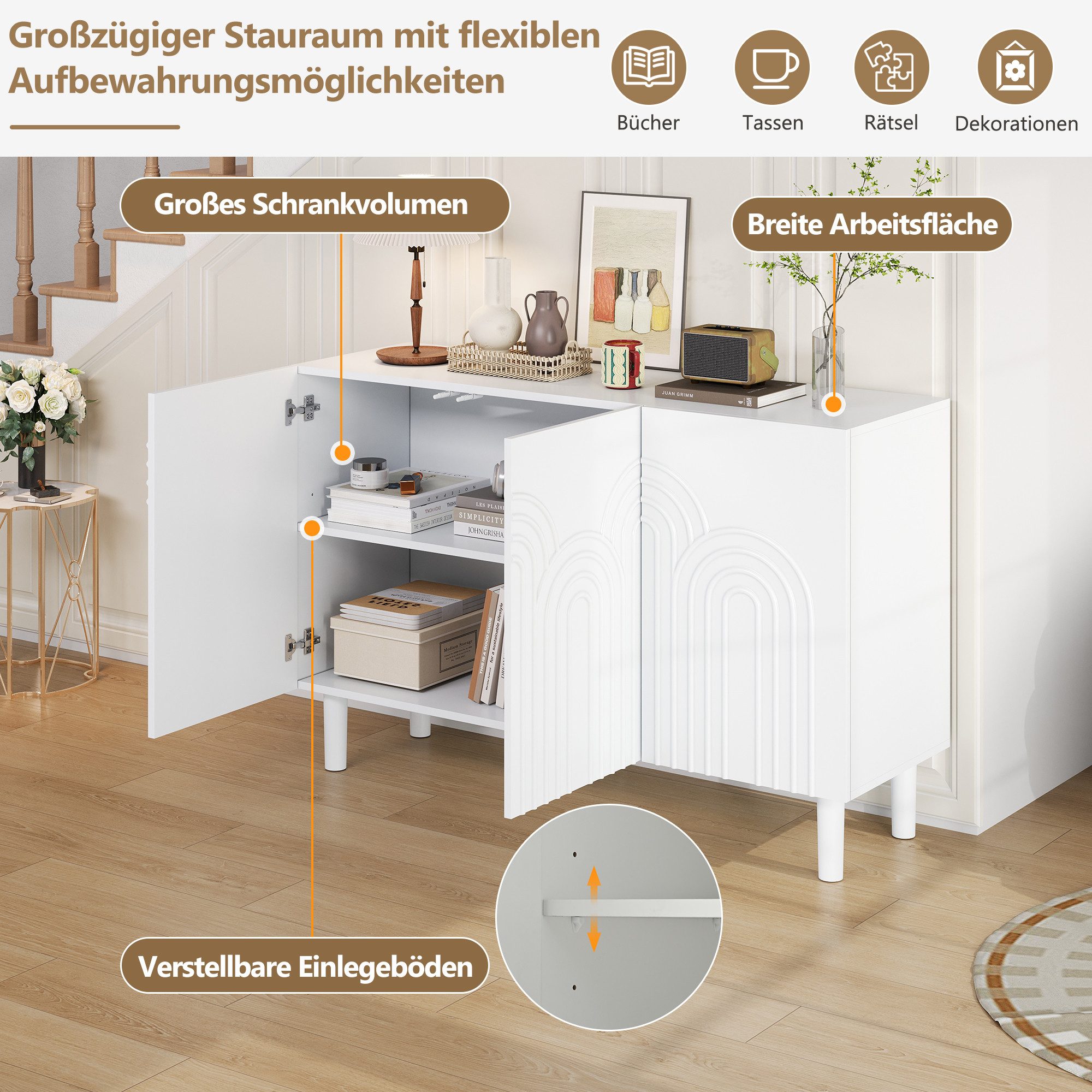 Merax Sideboard Wohnzimmerschrank mit 16 cm hohen Tischbeinen (1 St., 120x38,5x79 cm), Kommode mit 3 Türen, verstellbaren Einlegeböden & 5 Ablagefächern – Bild 5 von 5