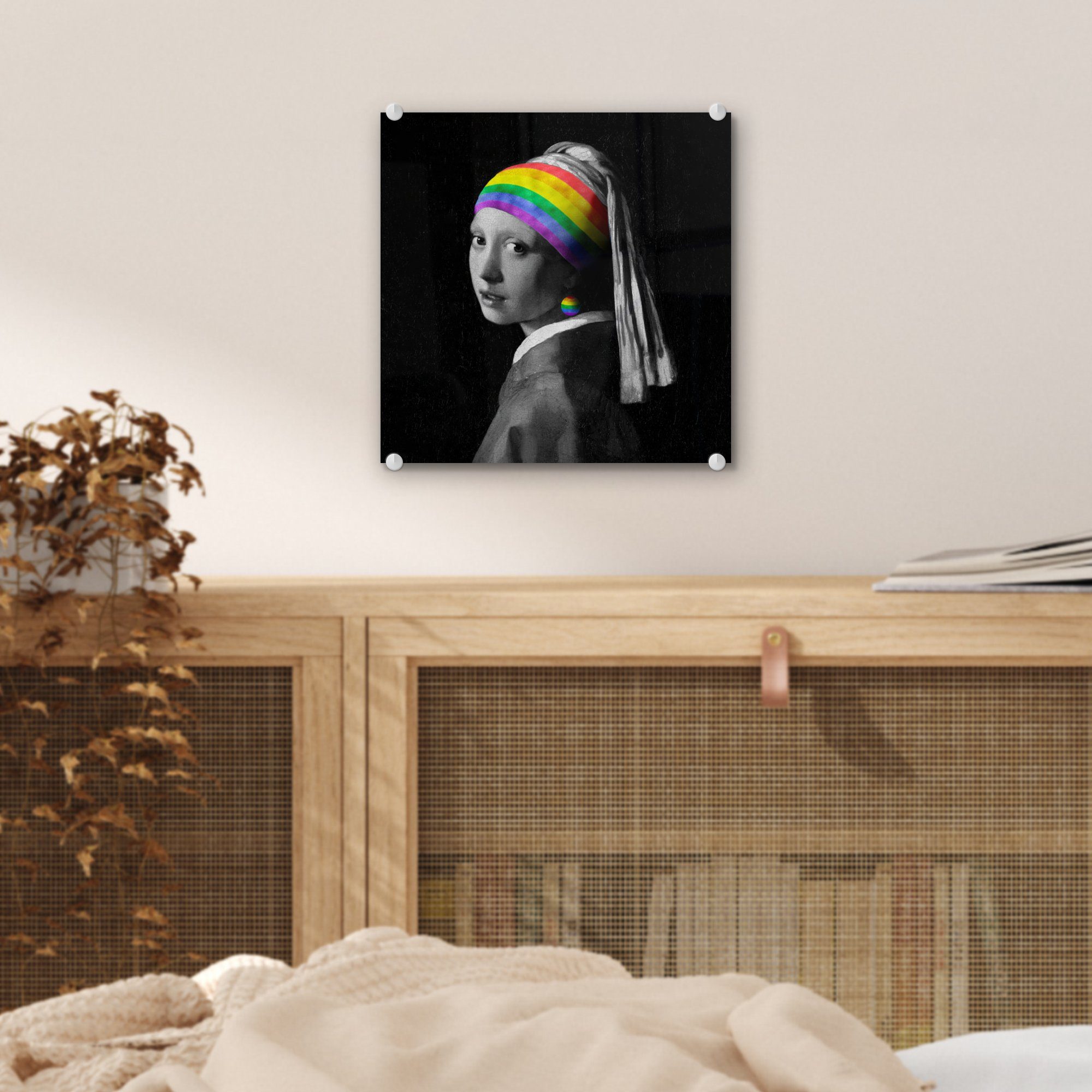MuchoWow Acrylglasbild Das Mädchen Regenbogen, dem - Foto Bilder Glas St), Glas - Perlenohrring auf Wandbild - - Glasbilder (1 Wanddekoration mit - Vermeer auf