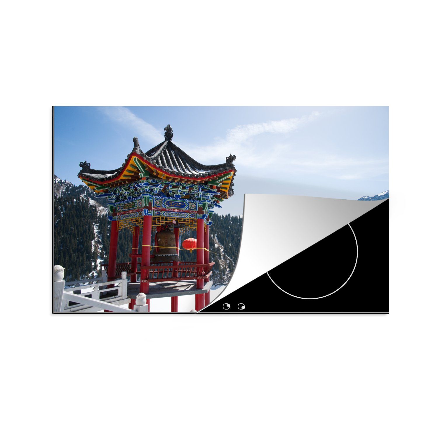 MuchoWow Herdblende-/Abdeckplatte Chinesischer Pavillon mit Blick auf den himmlischen See in Urumqi, Vinyl, (1 tlg), 81x52 cm, Induktionskochfeld Schutz für die küche, Ceranfeldabdeckung