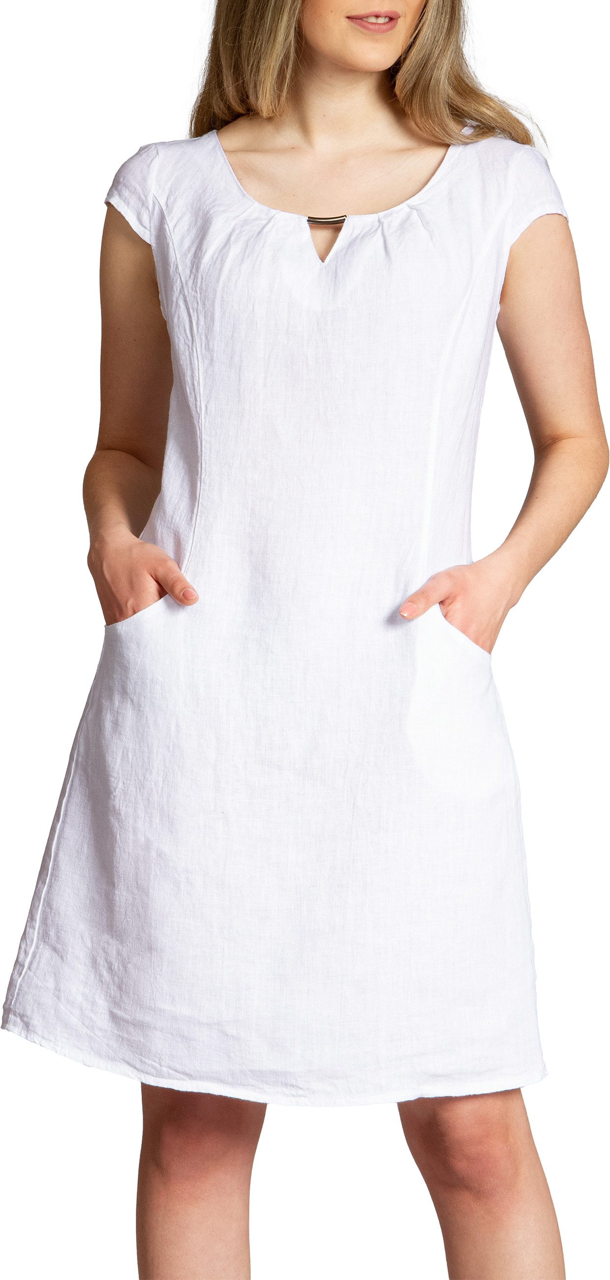 Caspar Sommerkleid SKL020 knielanges Damen Sommer Leinenkleid mit eleganter Metallspange Luftig leicht, figurumspielende Form, mit seitlichem Jersey-Einsatz