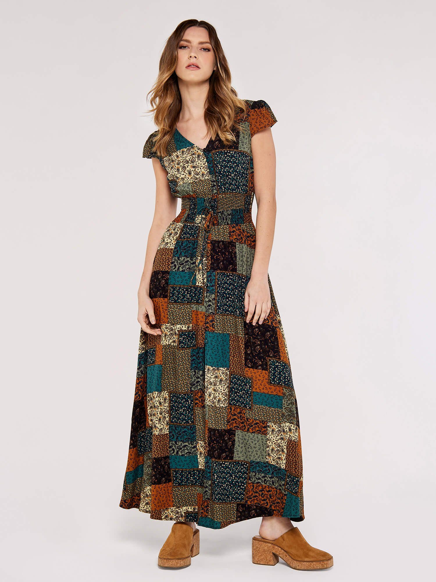 Apricot Maxikleid Patchwork Smocked Waist Maxi Dress, mit breitem Smokband, mit Tunnelzugband