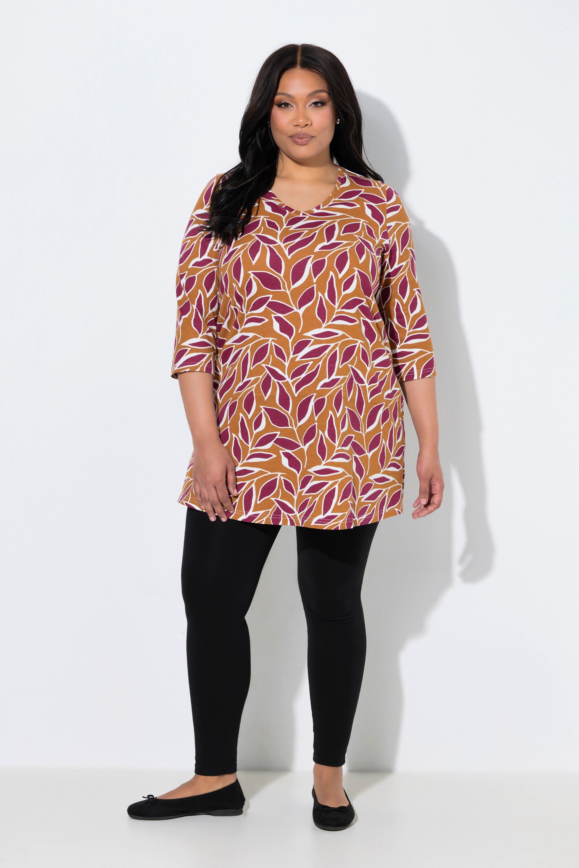 Ulla Popken Longshirt Longshirt Blüten V-Ausschnitt 3/4-Arm