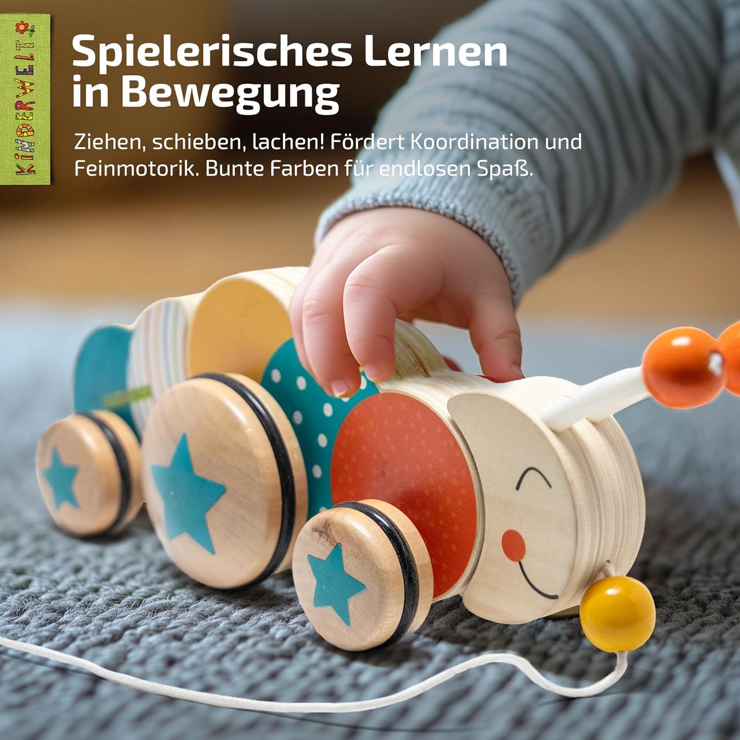 KiNDERWELT Stoffpuppe Nachziehspielzeug Raupe aus Holz, kindgerechtes Lernspielzeug, Kinders