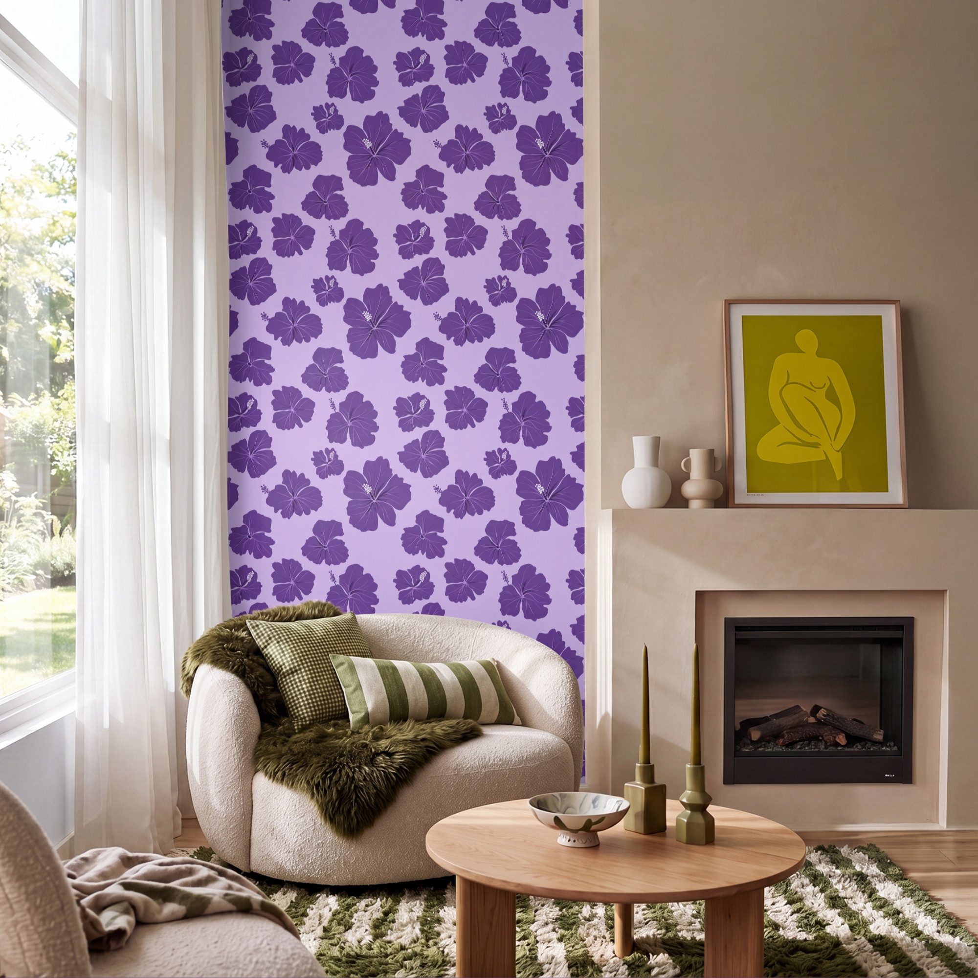 OnlyWow Fototapete Hibiskus - Blumen - Lila, Matt, bedruckt, Wandtapete, Schlafzimmer, Wanddekoration 100x220cm